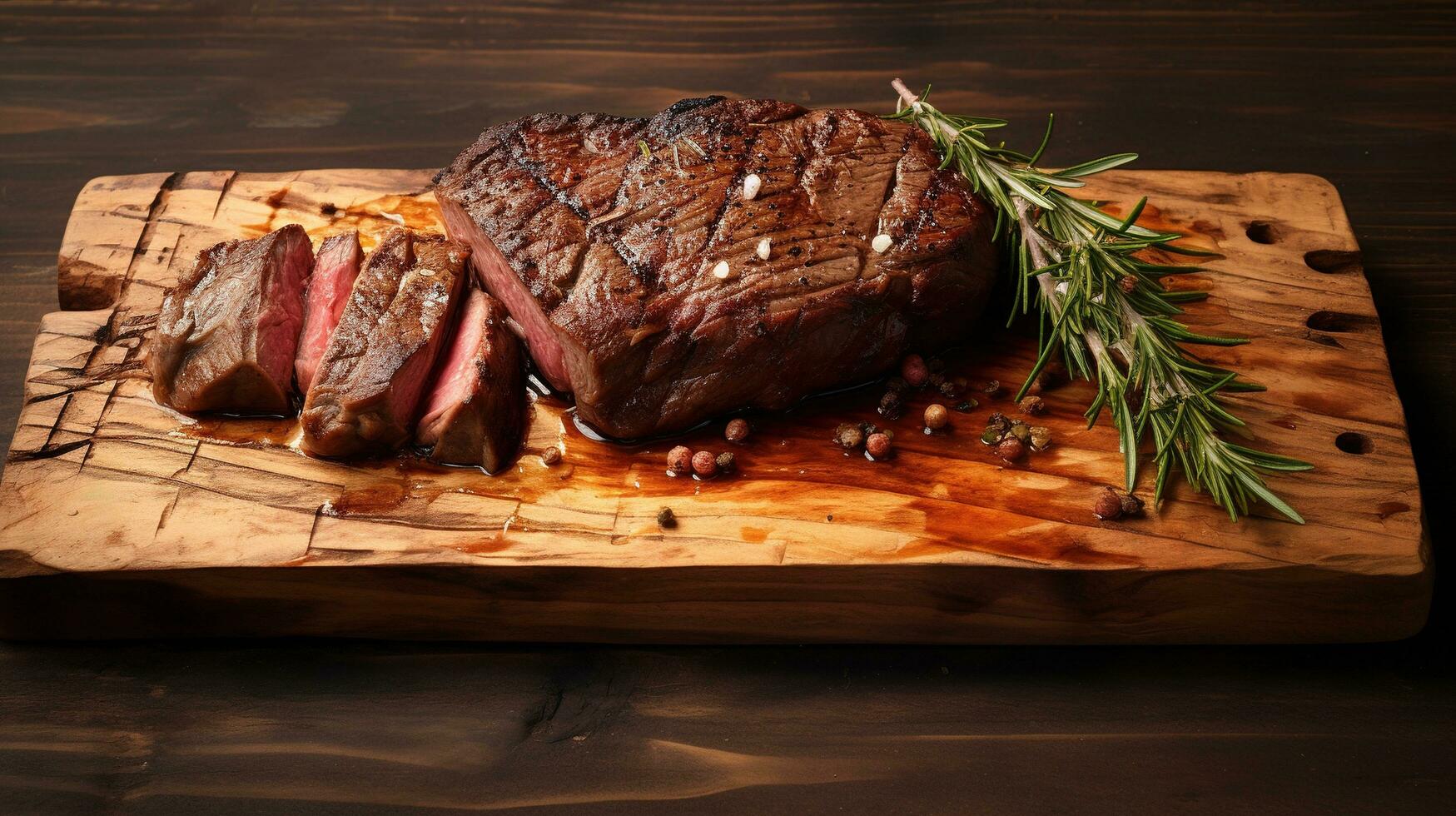 Stück von Steak auf ein hölzern Schneiden Tafel. ai generativ foto