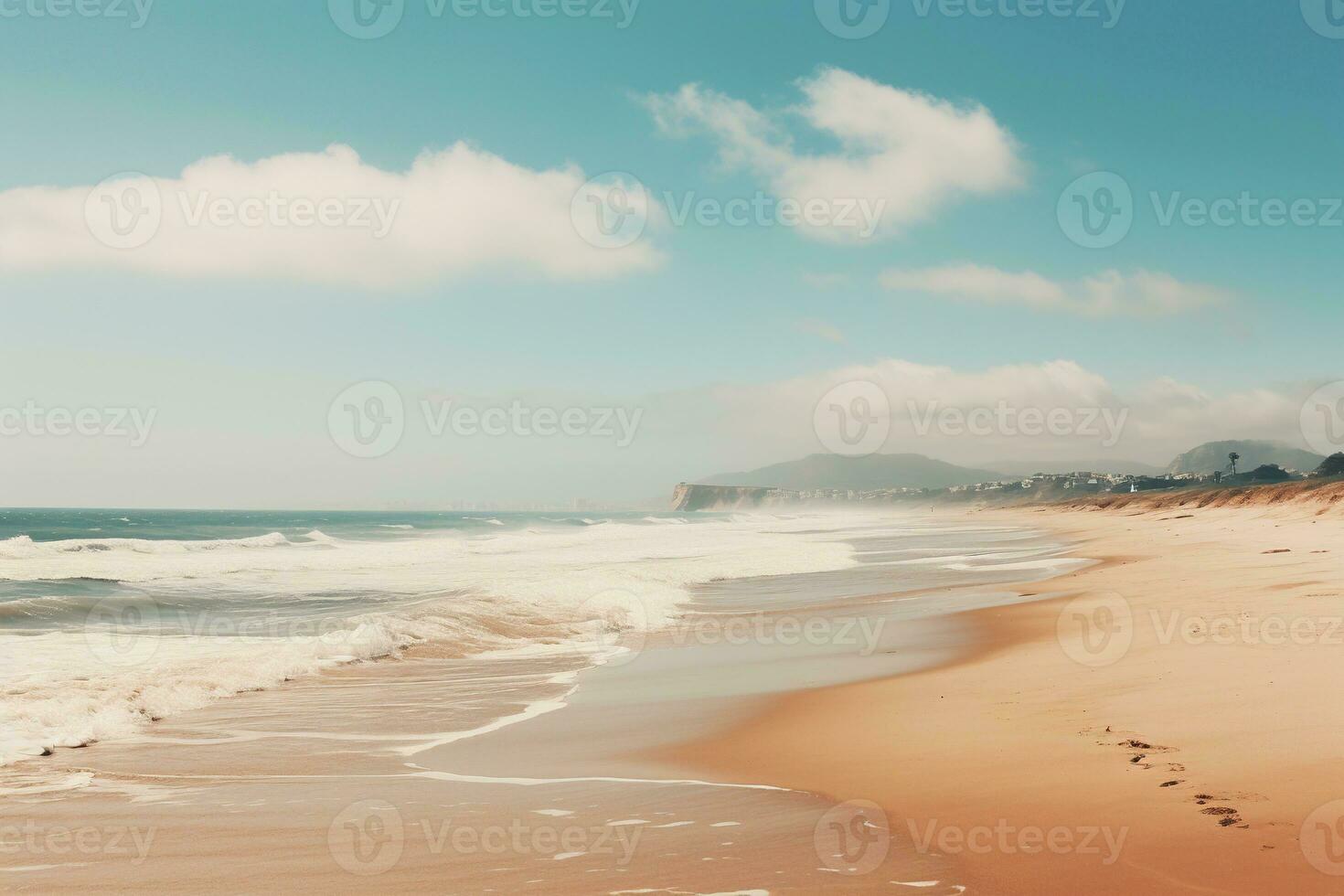 Seelandschaft mit ein leeren Strand und schön Blau Wasser. Urlaub, reisen, Strand Urlaub Konzept. generiert durch künstlich Intelligenz foto