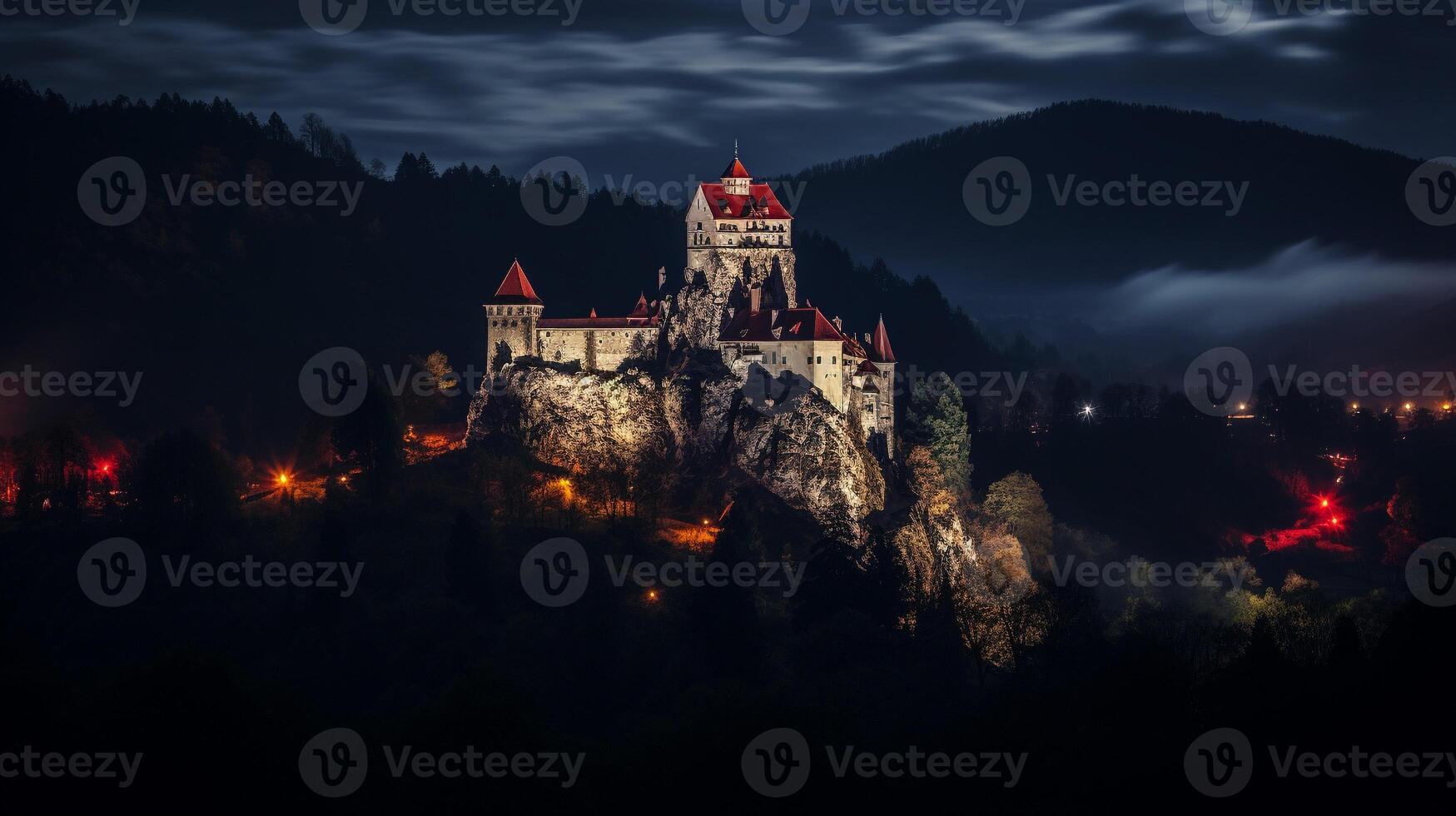 Nacht Aussicht von Kleie Schloss - - Dracula Schloss. generativ ai foto