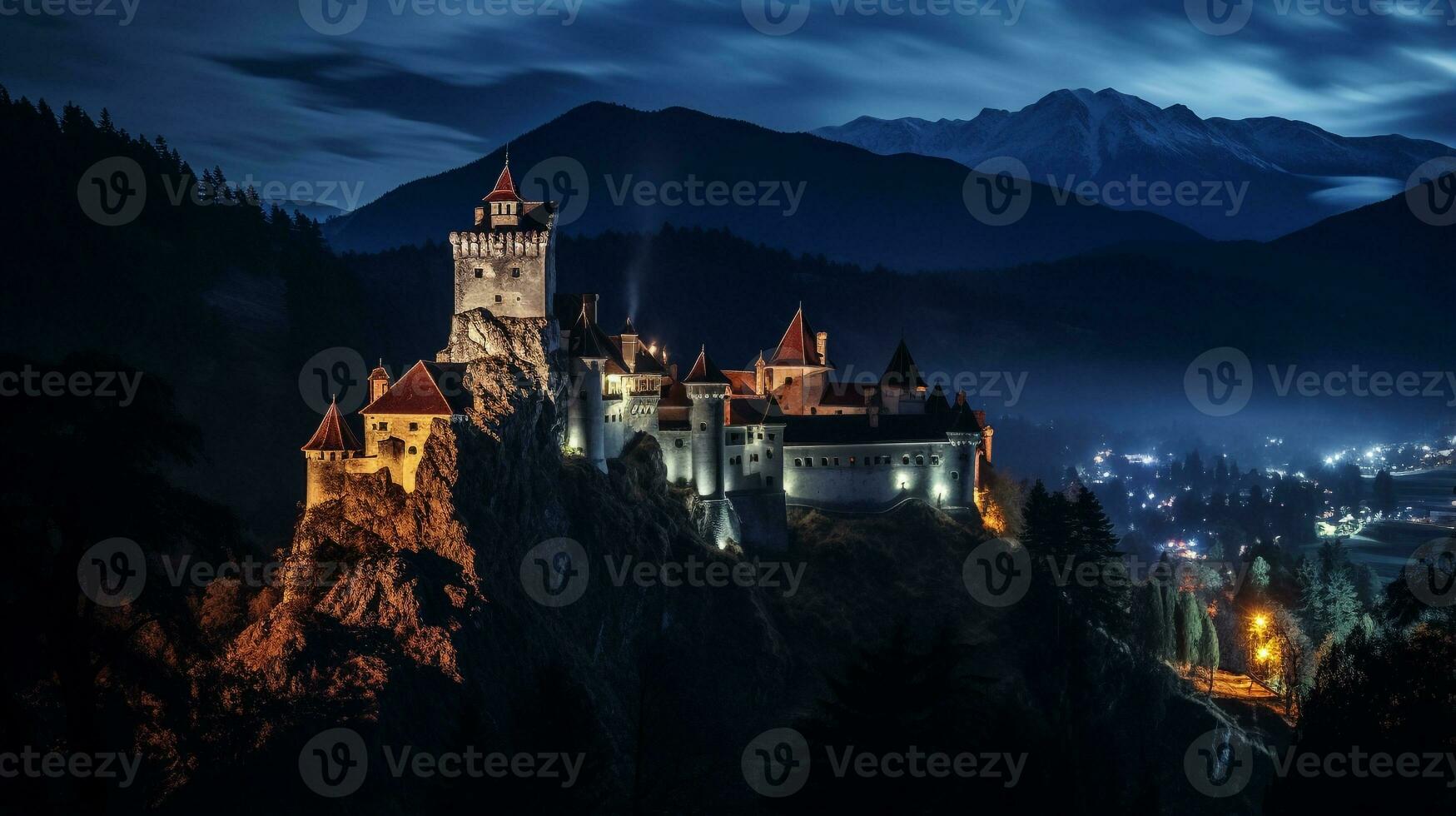 Nacht Aussicht von Kleie Schloss - - Dracula Schloss. generativ ai foto