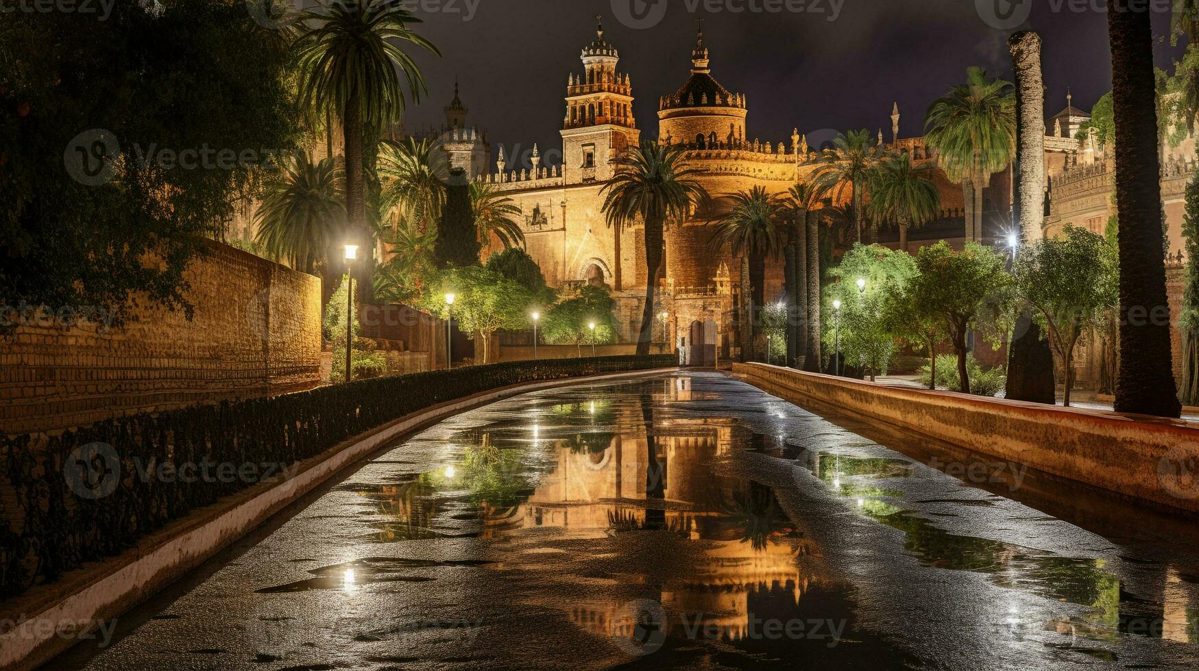 Nacht Aussicht von Alcazar von Sevilla. generativ ai foto