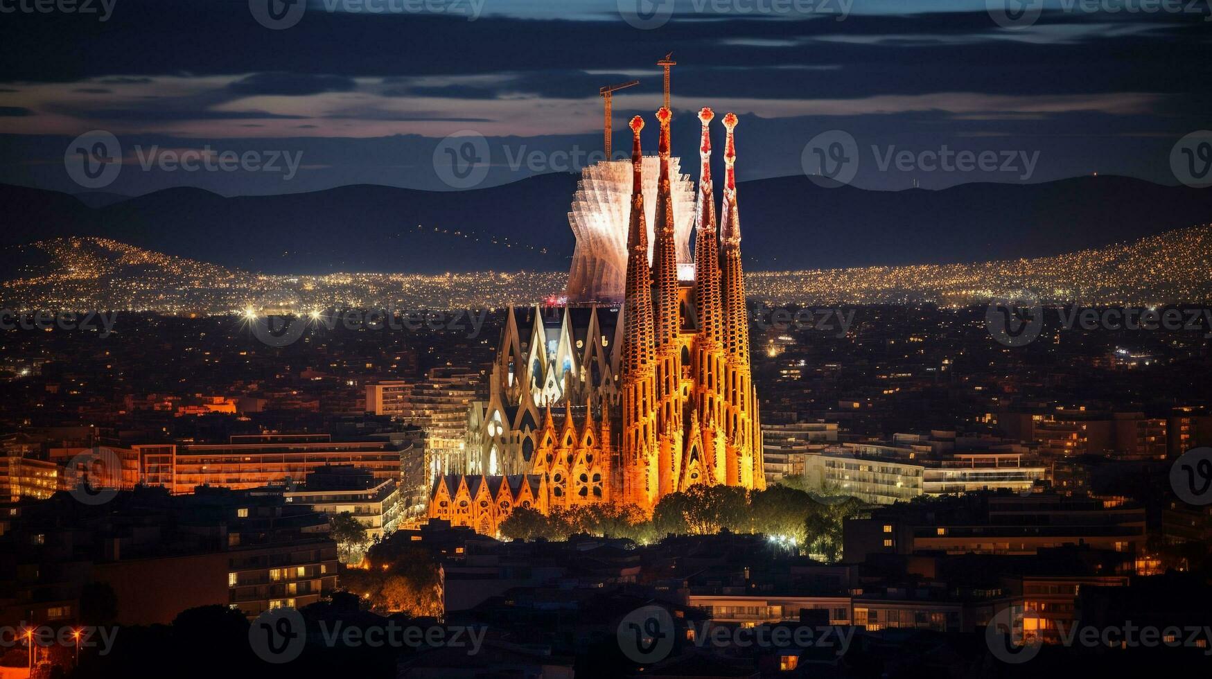 Nacht Aussicht von Sagrada Familie. generativ ai foto