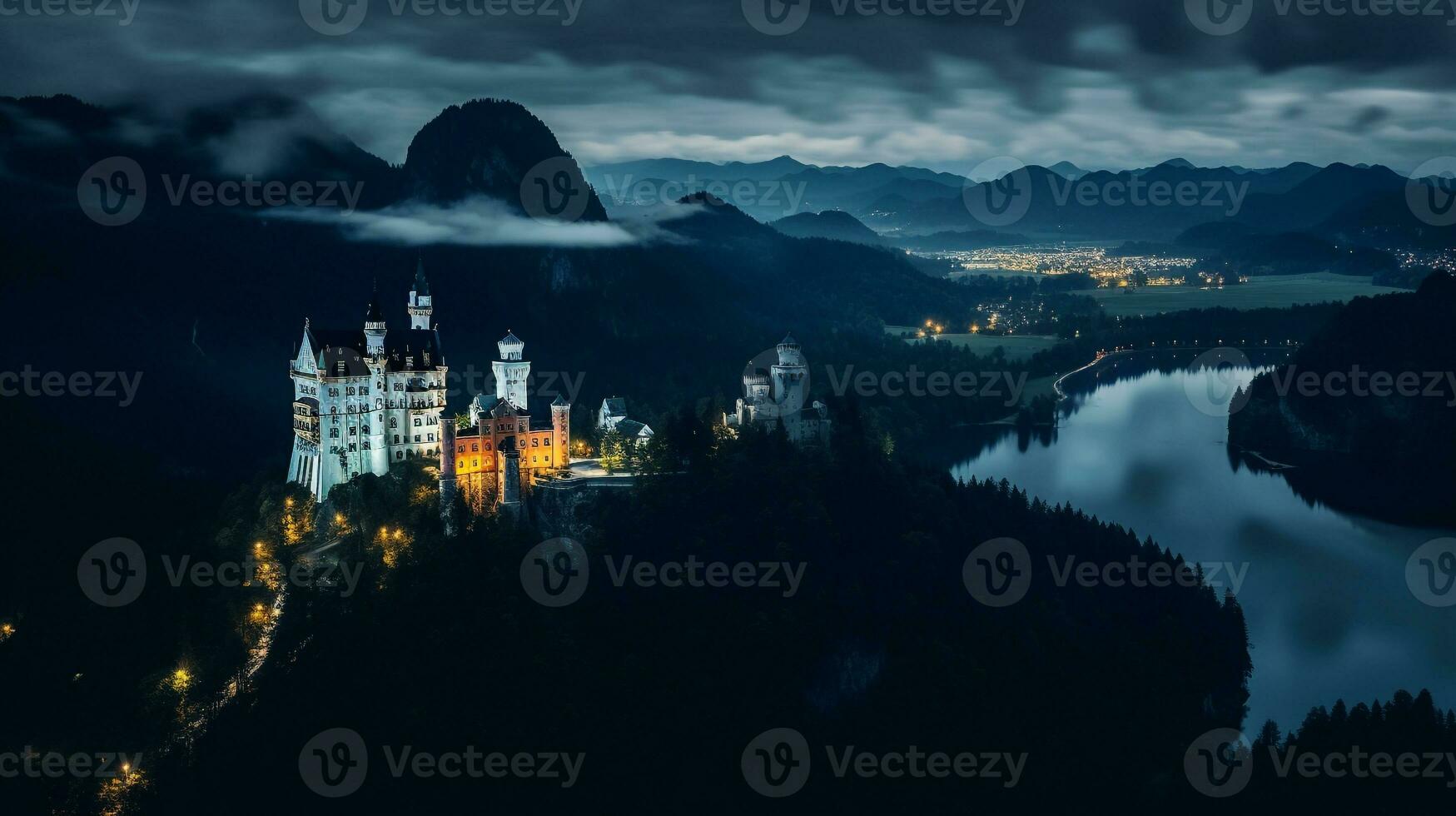 Nacht Aussicht von neuschwanstein Schloss. generativ ai foto