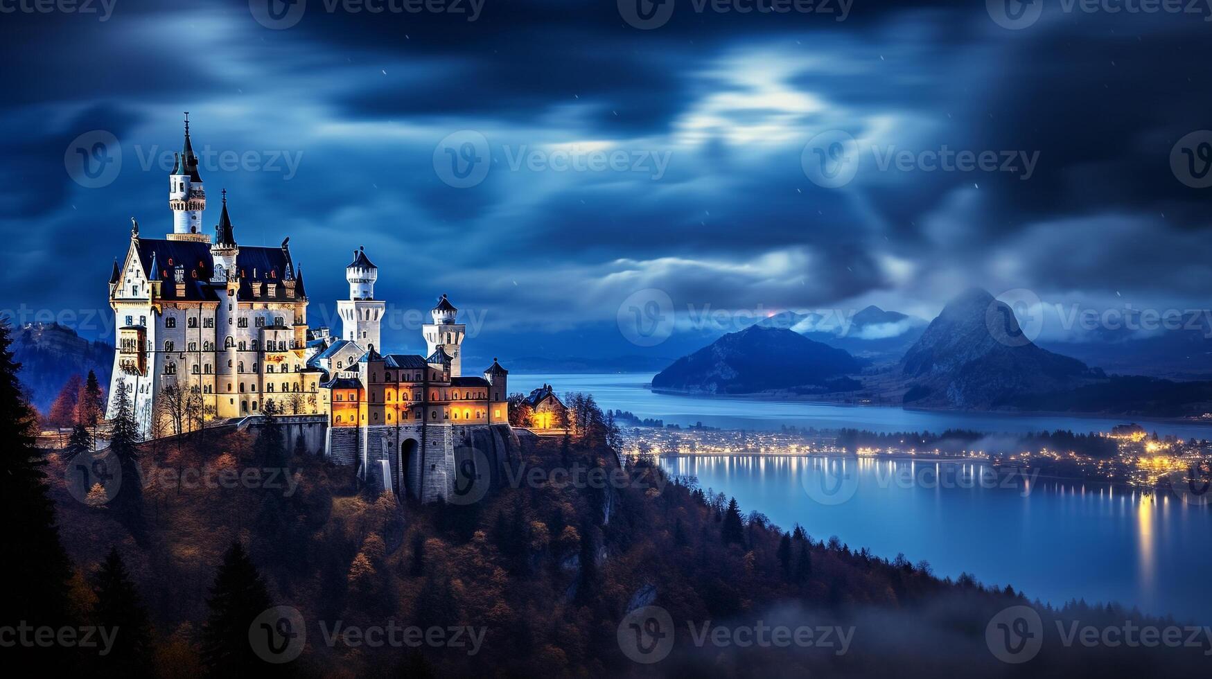 Nacht Aussicht von neuschwanstein Schloss. generativ ai foto