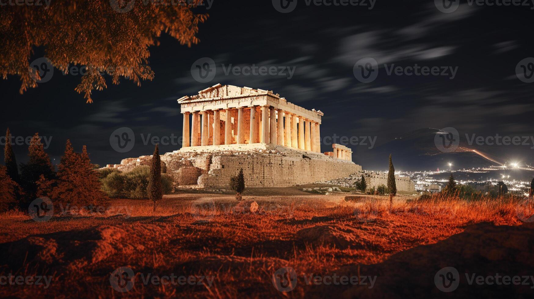 Nacht Aussicht von das Parthenon. generativ ai foto