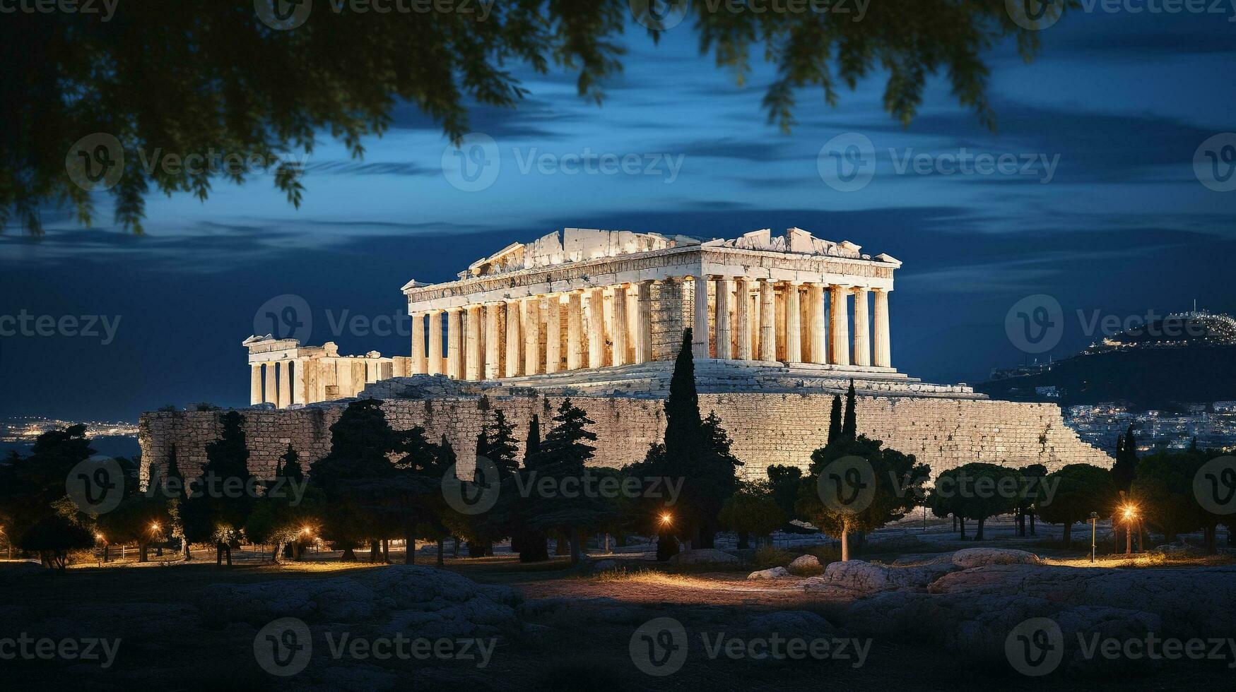 Nacht Aussicht von das Parthenon. generativ ai foto