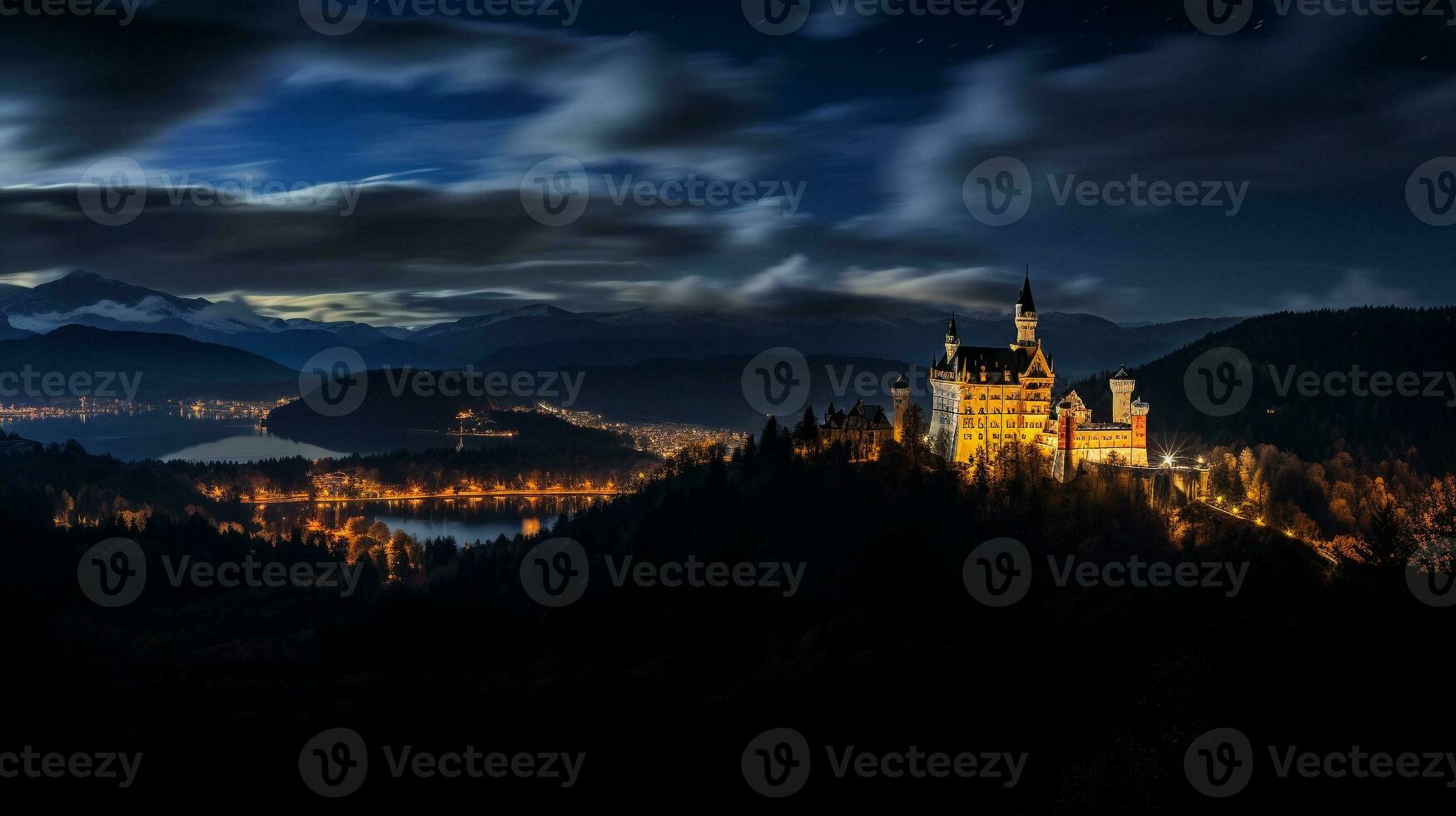 Nacht Aussicht von neuschwanstein Schloss. generativ ai foto