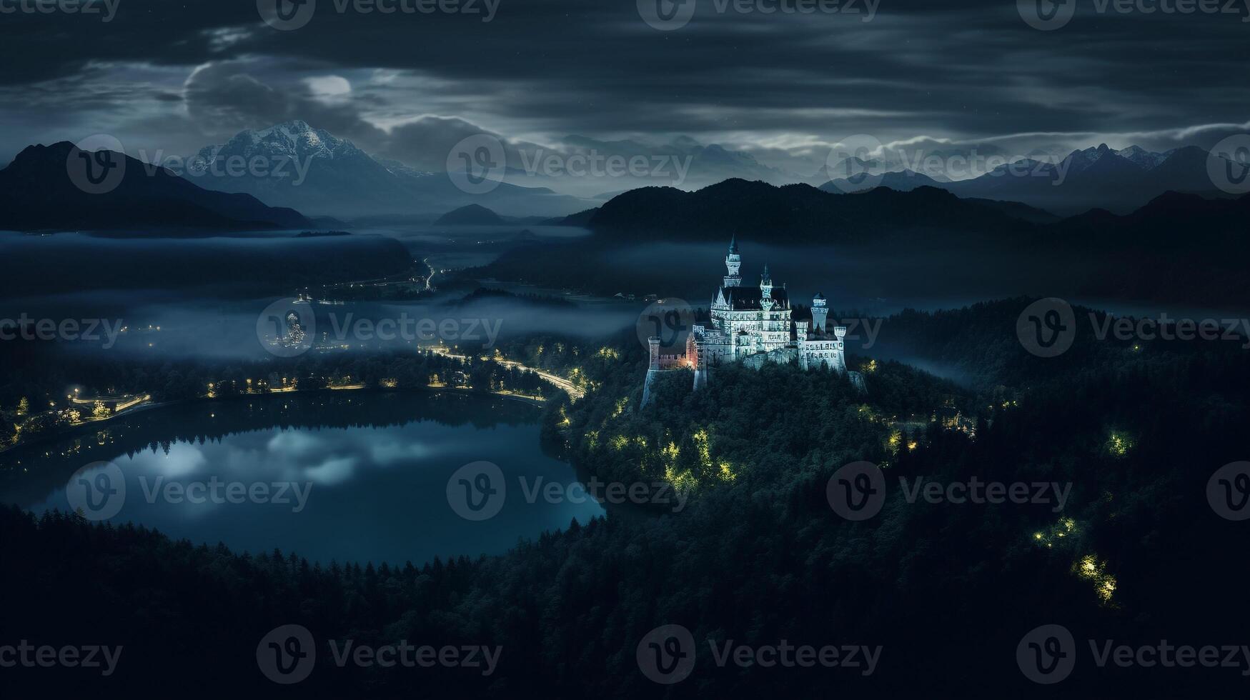 Nacht Aussicht von neuschwanstein Schloss. generativ ai foto