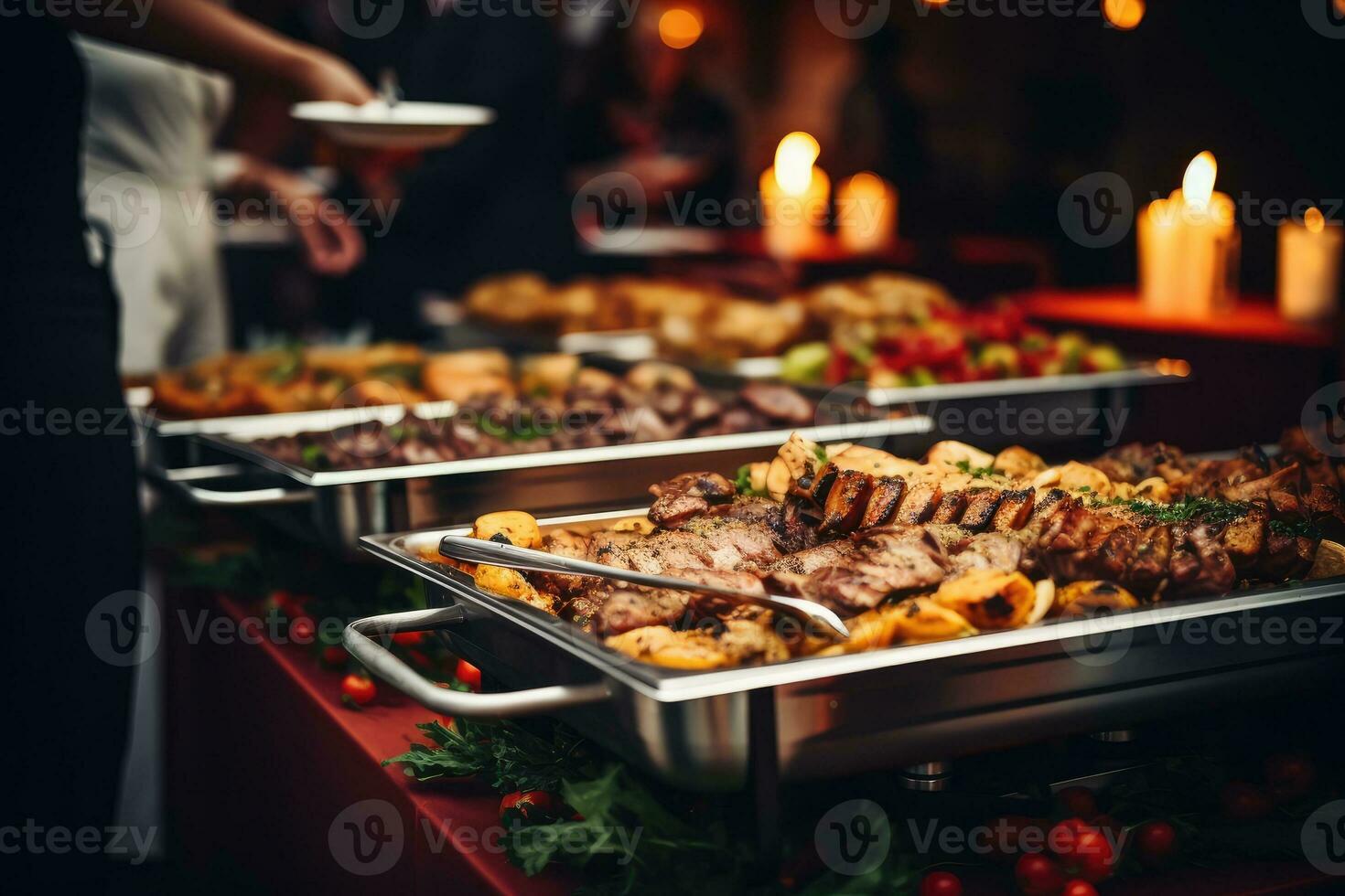 Gastronomie Buffet Essen Innen- im Restaurant mit gegrillt Fleisch. generativ ai foto