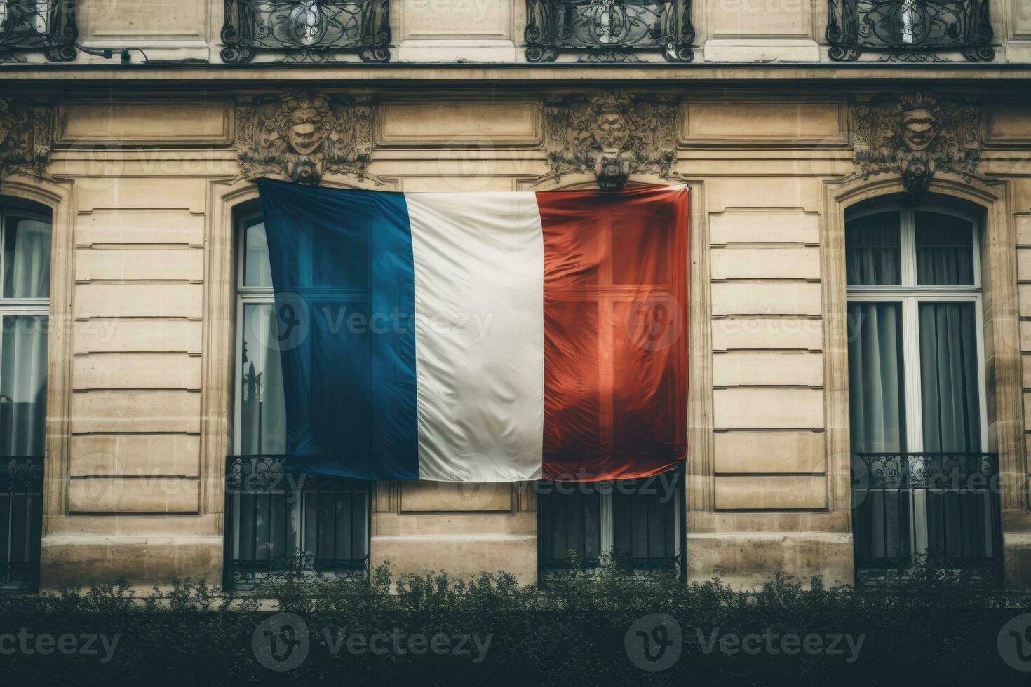 Französisch Flagge auf das Fassade von das Haus. generativ ai foto