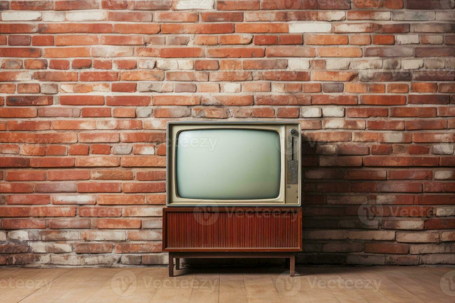 Jahrgang Fernseher gegen ein Backstein Mauer. retro Stil. generativ ai foto