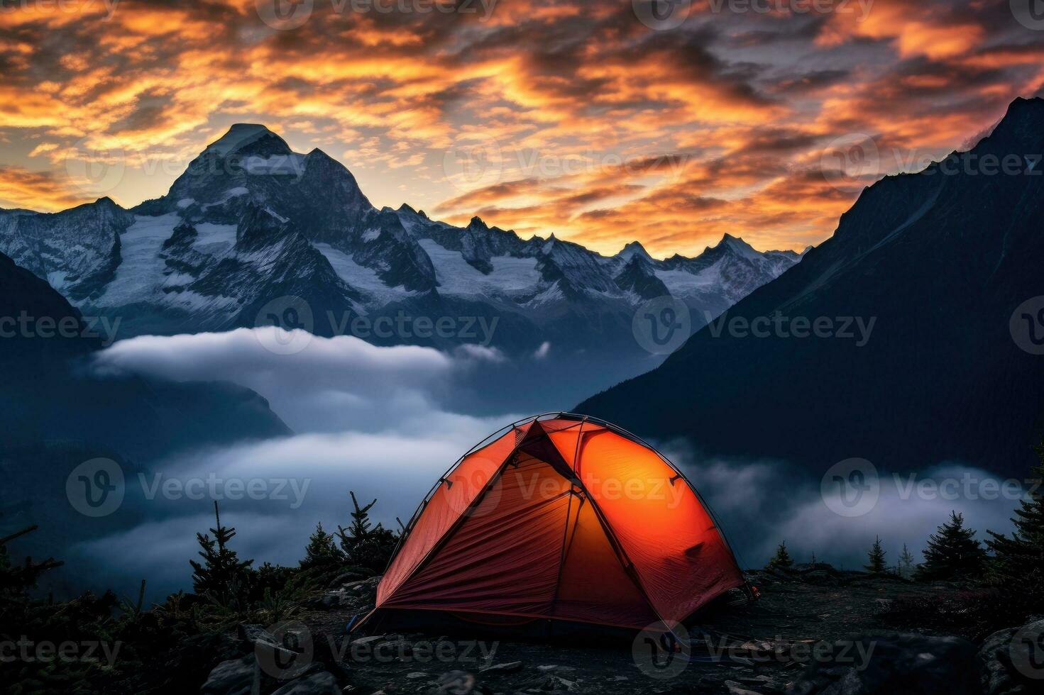 Zelt im das Berge beim Sonnenuntergang. wild Camping im das Berge. ai generativ foto