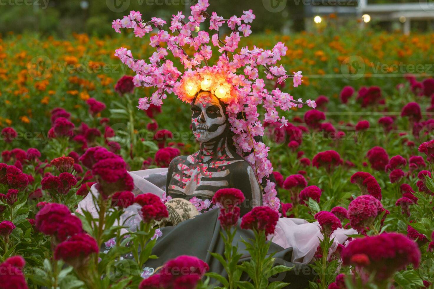 herrlich Eleganz im das Herz von cholula Cempasuchil Felder ein faszinierend Tag von das tot Foto-Shooting, mit ein atemberaubend Frau umgewandelt in ein Katrina, bezahlen zu das Tradition von sterben de Muertos foto