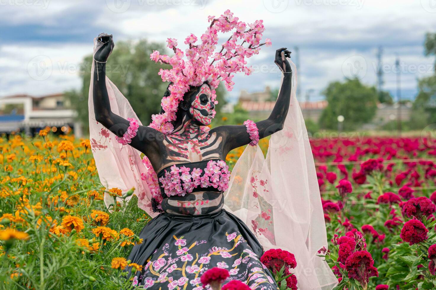 herrlich Eleganz im das Herz von cholula Cempasuchil Felder ein faszinierend Tag von das tot Foto-Shooting, mit ein atemberaubend Frau umgewandelt in ein Katrina, bezahlen zu das Tradition von sterben de Muertos foto