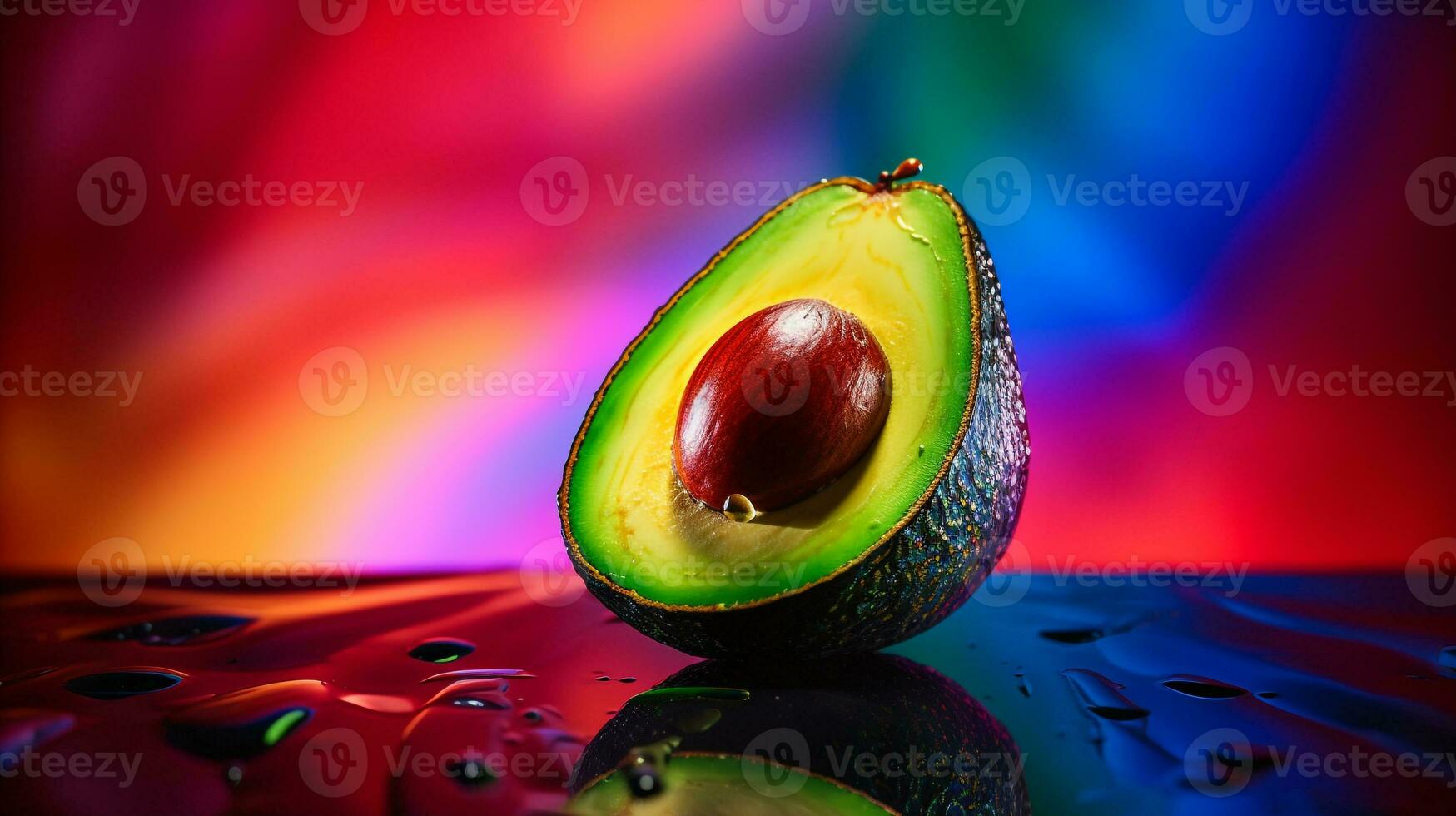 Foto von Avocado Obst Hälfte gegen ein bunt abstrakt Hintergrund. generativ ai