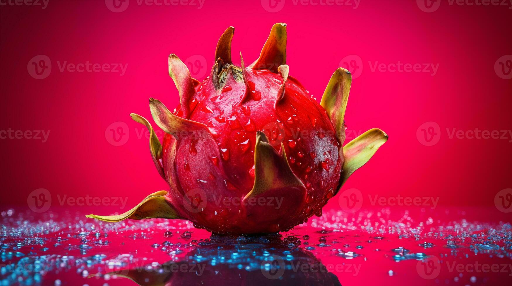 Foto von rot Pitahaya Obst Hälfte gegen ein bunt abstrakt Hintergrund. generativ ai