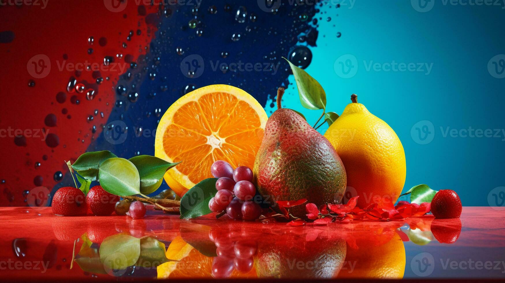 Foto von nam Nama Obst Hälfte gegen ein bunt abstrakt Hintergrund. generativ ai
