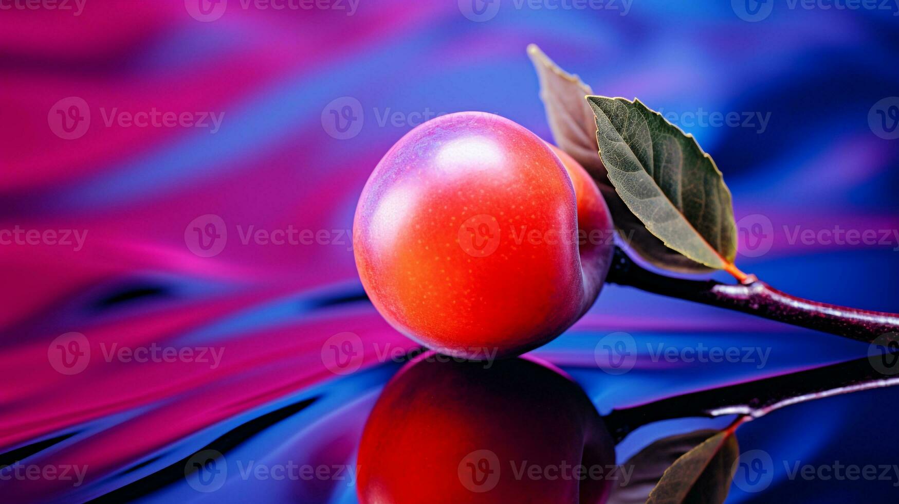 Foto von japanisch Pflaume Obst Hälfte gegen ein bunt abstrakt Hintergrund. generativ ai