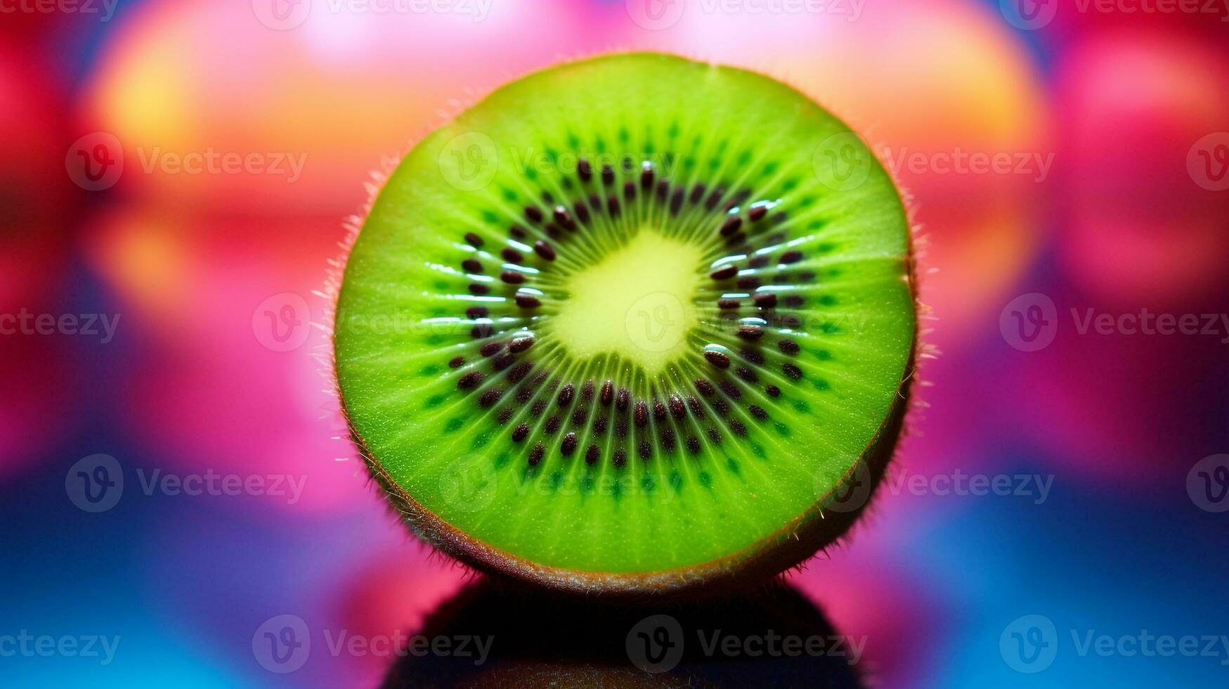 Foto von Kiwi Obst Hälfte gegen ein bunt abstrakt Hintergrund. generativ ai