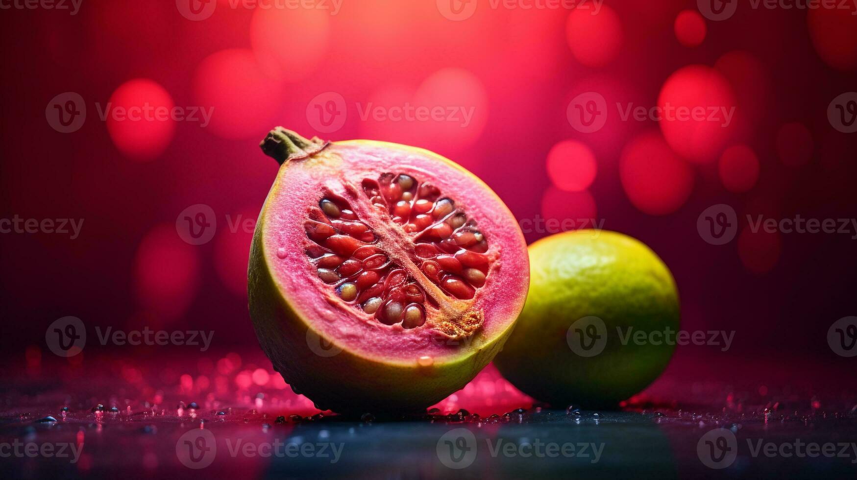 Foto von Guave bol Obst Hälfte gegen ein bunt abstrakt Hintergrund. generativ ai