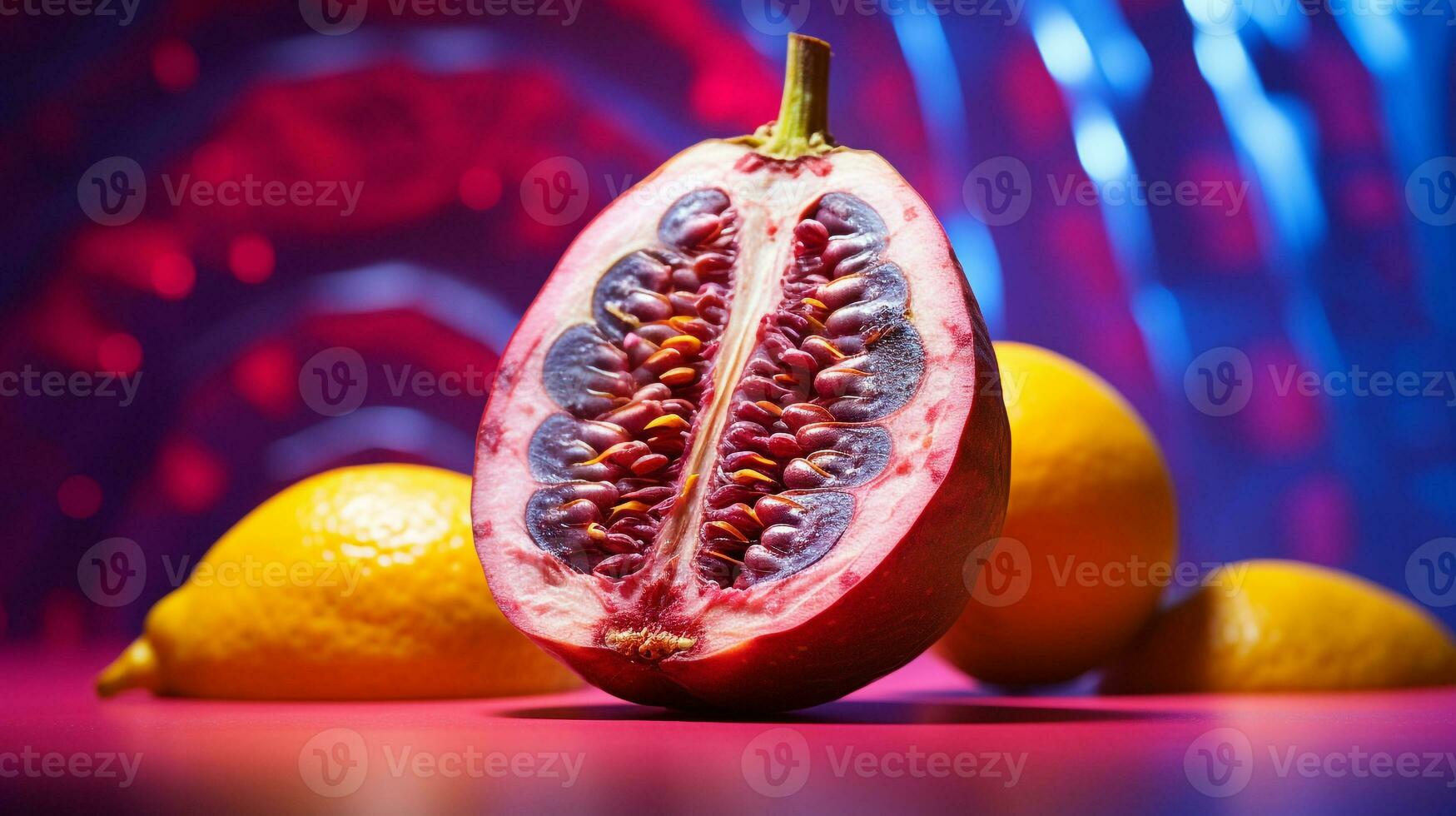 Foto von cempedak Obst Hälfte gegen ein bunt abstrakt Hintergrund. generativ ai