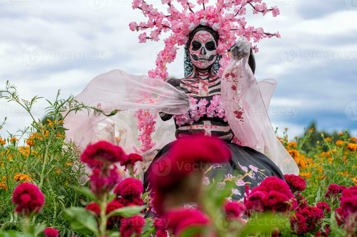 herrlich Eleganz im das Herz von cholula Cempasuchil Felder ein faszinierend Tag von das tot Foto-Shooting, mit ein atemberaubend Frau umgewandelt in ein Katrina, bezahlen zu das Tradition von sterben de Muertos foto