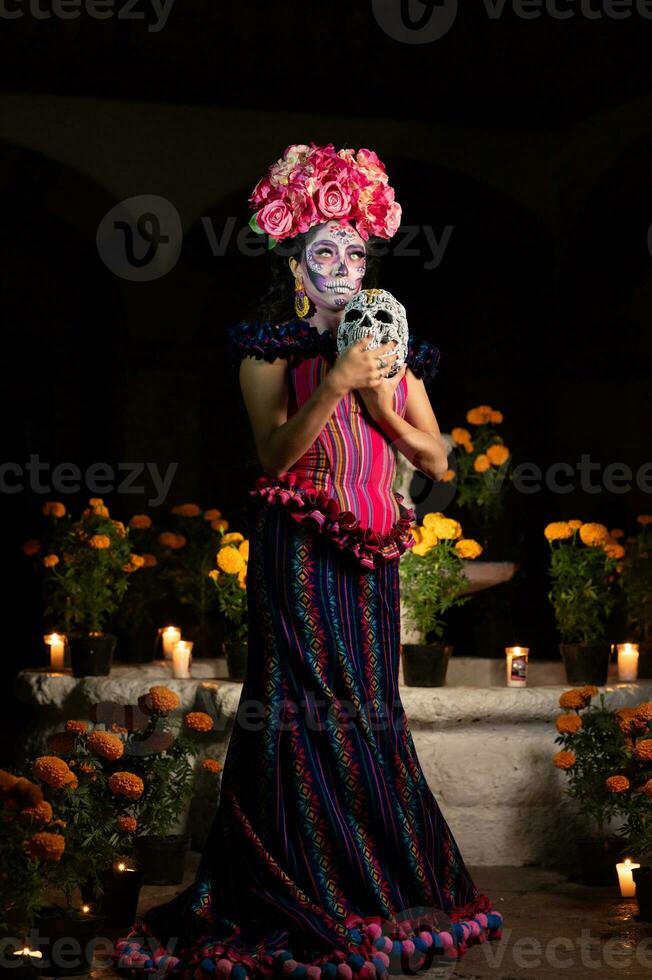 Calavera catrina Sitzung auf ein Thron. Zucker Schädel bilden. dia de los Muertos. Tag von das tot. Halloween. foto