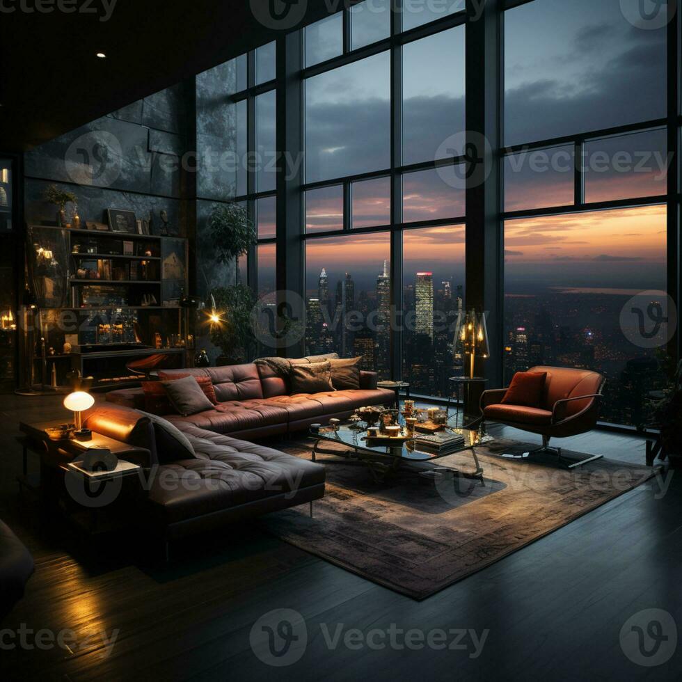 Innere Design modern Leben Zimmer, Fenster Show atemberaubend Aussicht von das Stadt Horizont, leeren Zimmer Wohnung, ai generativ foto