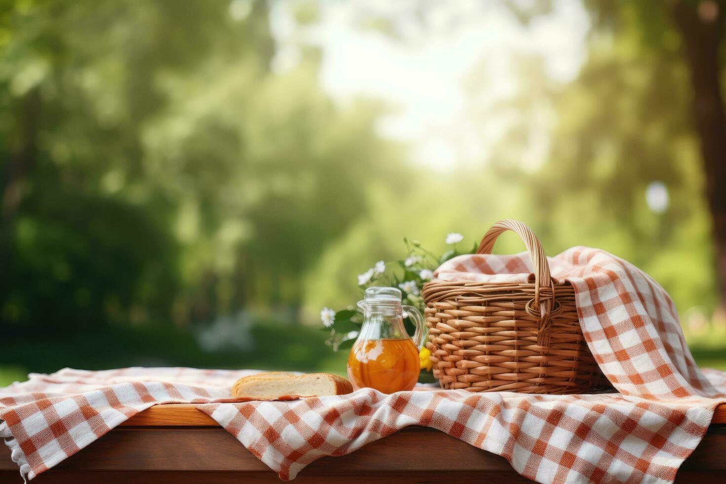 Picknick Korb mit Orange Saft und Brot auf hölzern Tabelle im Park, Picknick Korb mit Serviette auf Natur Hintergrund, ai generiert foto