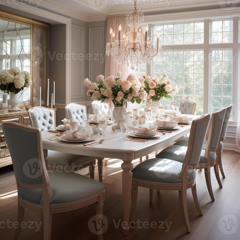 luxuriös möbliert Essen Zimmer, Glanz Essen Bereich, elegant Innere Design, ai generativ foto