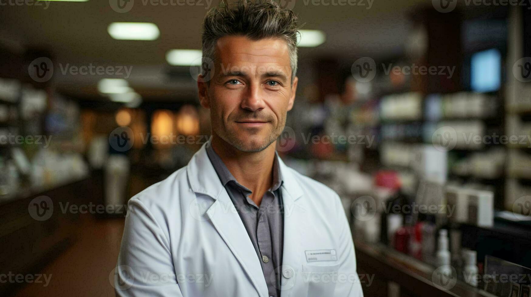 männlich Arzt Apotheker im ein Weiß Mantel Gesundheit Arbeiter im ein Apotheke verkauft Medizin foto