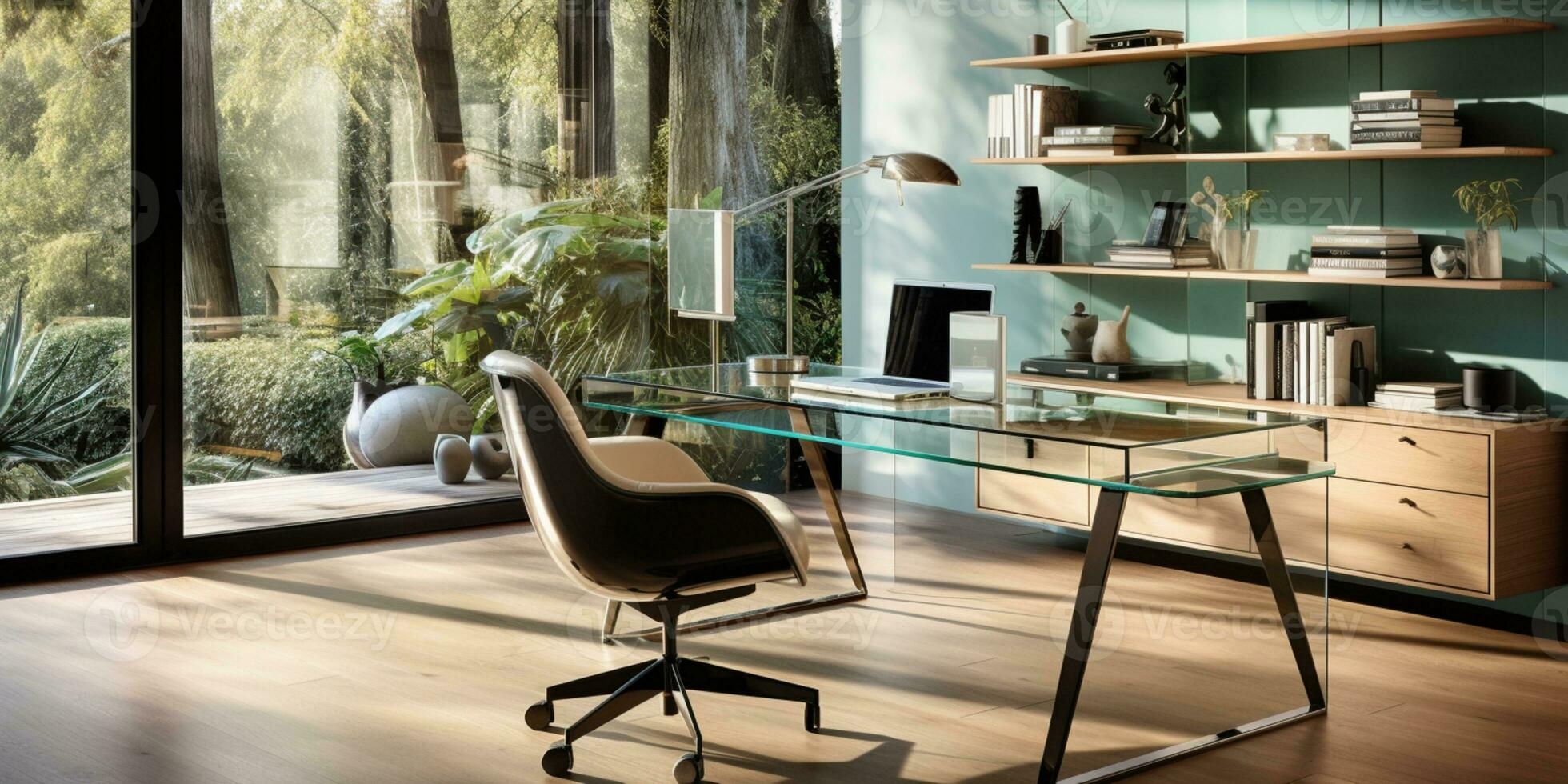 zeitgenössisch möbliert Zuhause Büro, komfortabel Büro, Arbeitsplatz mit Schreibtisch und Stuhl, stilvoll Innere Design, ai generativ foto