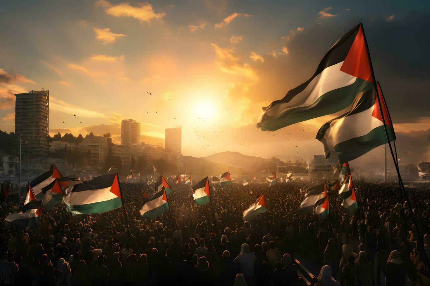 Menge von Menschen mit Palästina Flaggen winken im das Wind beim Sonnenuntergang ai generiert foto