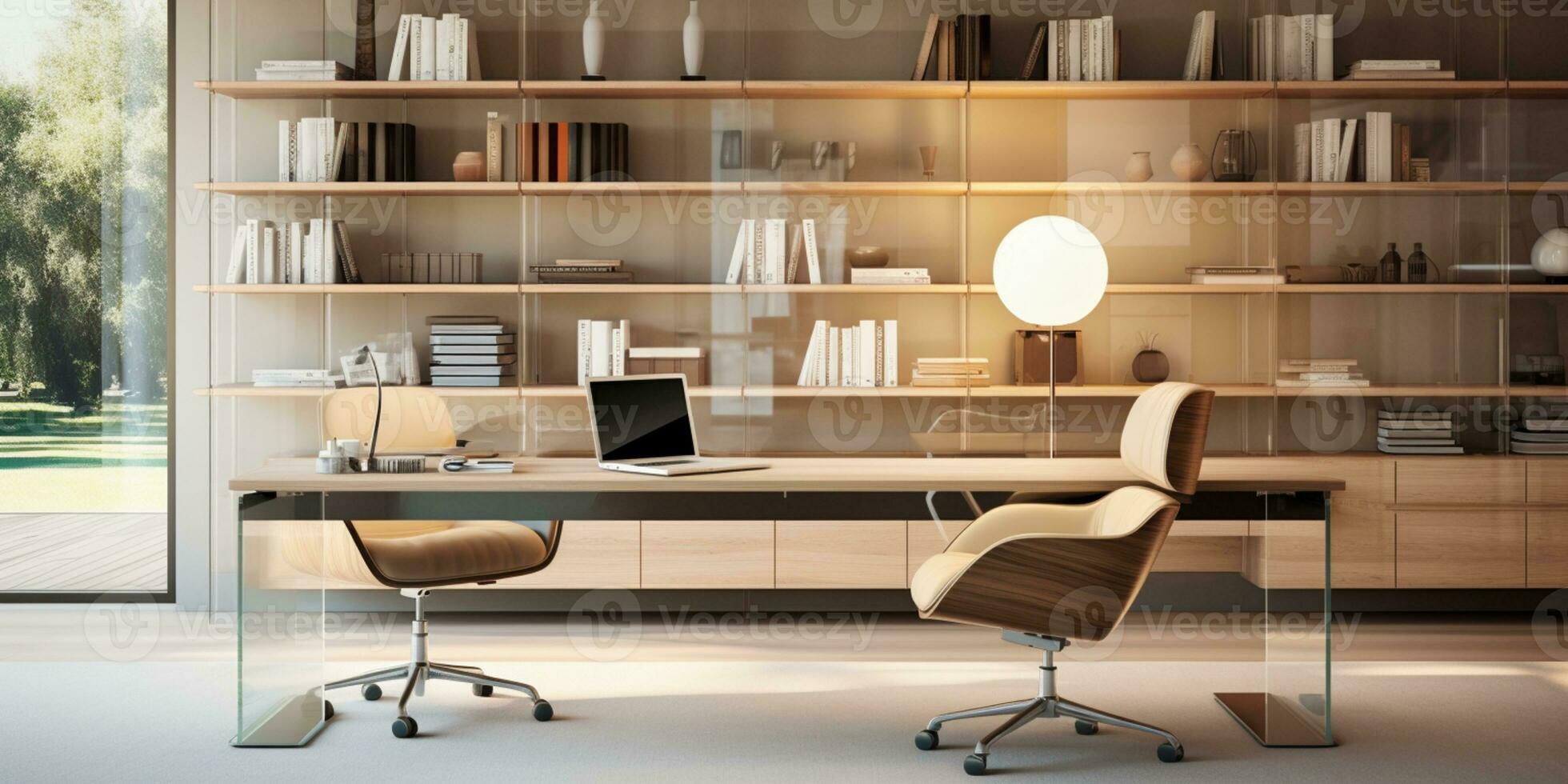 zeitgenössisch möbliert Zuhause Büro, komfortabel Büro, Arbeitsplatz mit Schreibtisch und Stuhl, stilvoll Innere Design, ai generativ foto