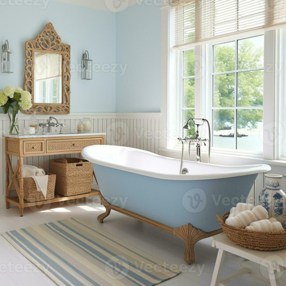 Badezimmer im Blau und Weiß Farbe, inspiriert Strand Design, ai generativ foto