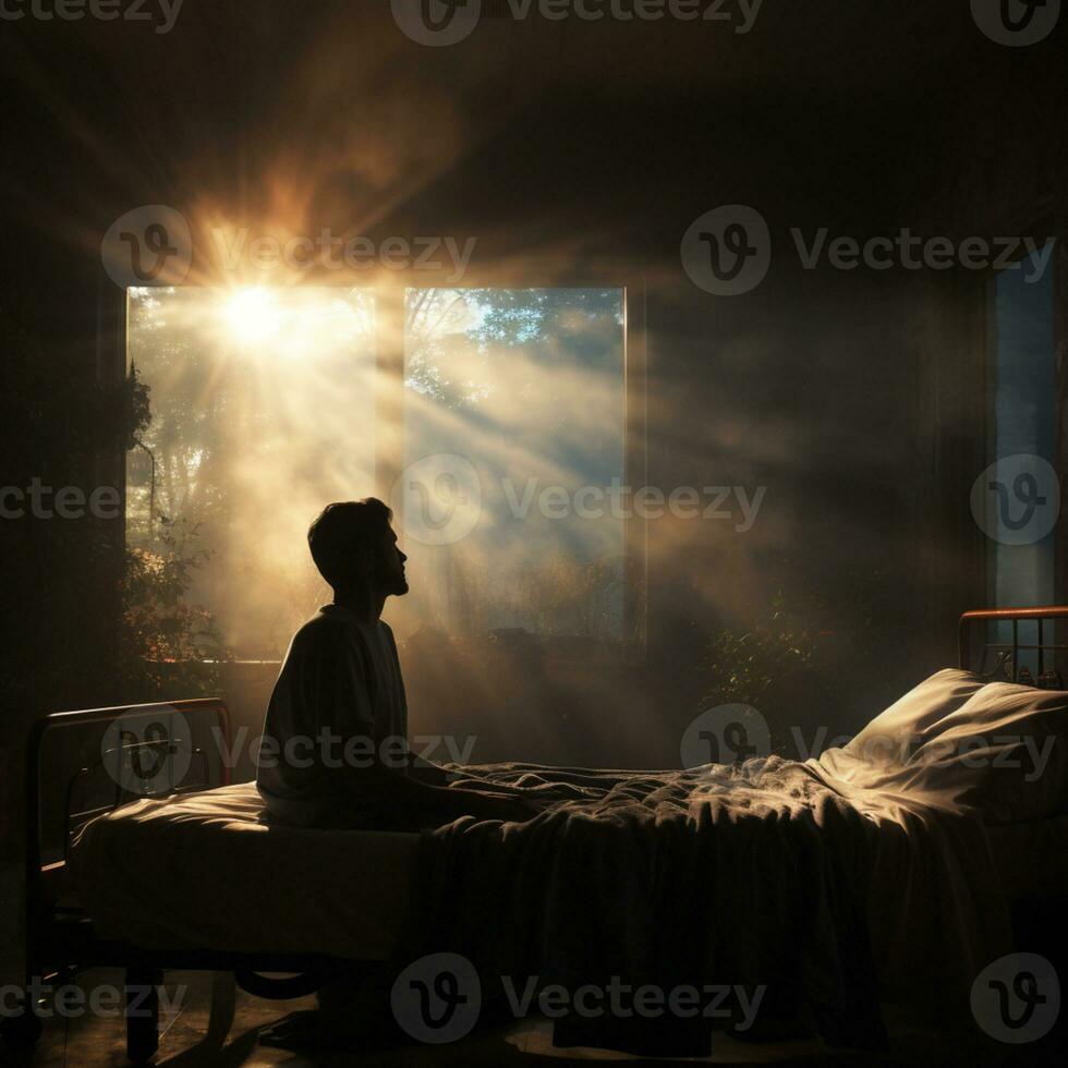 Sonnenlicht leuchtenden durch auf zu ein Bett, religiös Landschaft, ai generativ foto