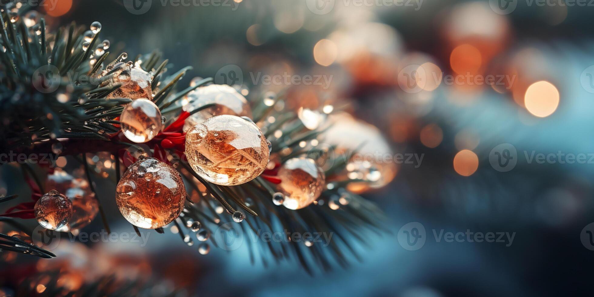 schließen oben von beleuchtet Weihnachten Baum Ornament, Winter Ferien Dekoration, Kopieren Raum, Gruß Karte, ai generativ foto