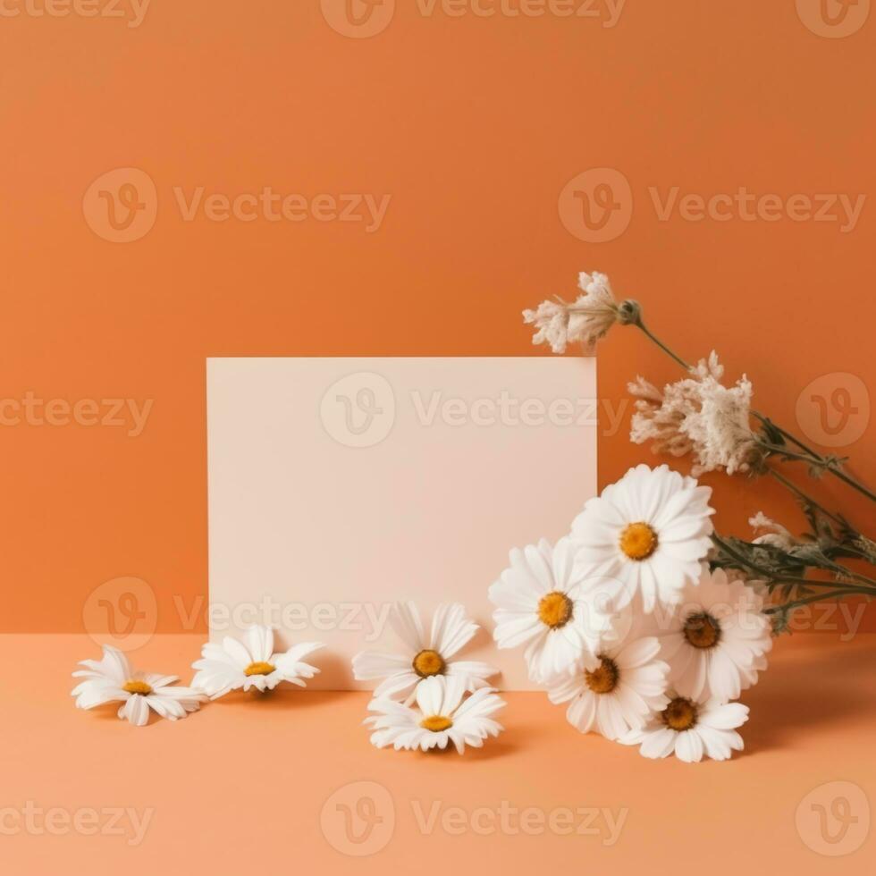 Attrappe, Lehrmodell, Simulation mit ein Weiß Karte und Blumen im ein minimalistisch Boho style.ai generativ foto