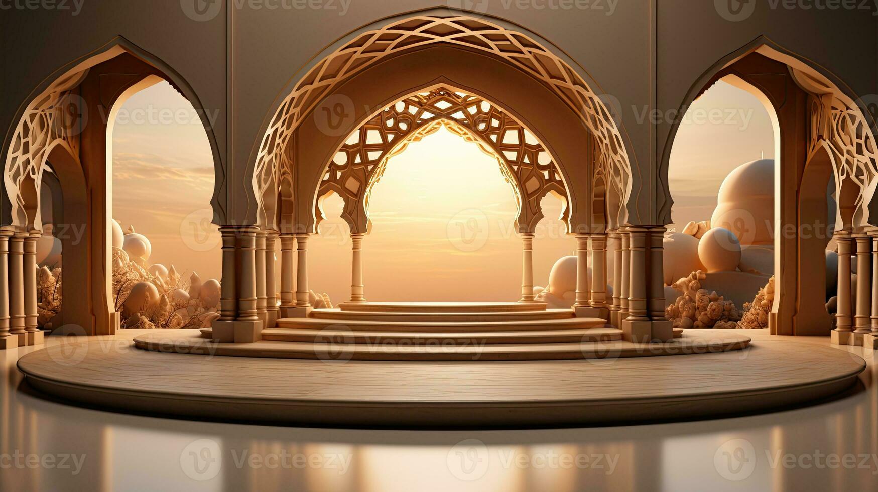 Podium Hintergrund im Ramadan Urlaub Minimalismus Stil . orientalisch Arabisch Design mit Schatten von Beige Farben. ai generativ foto