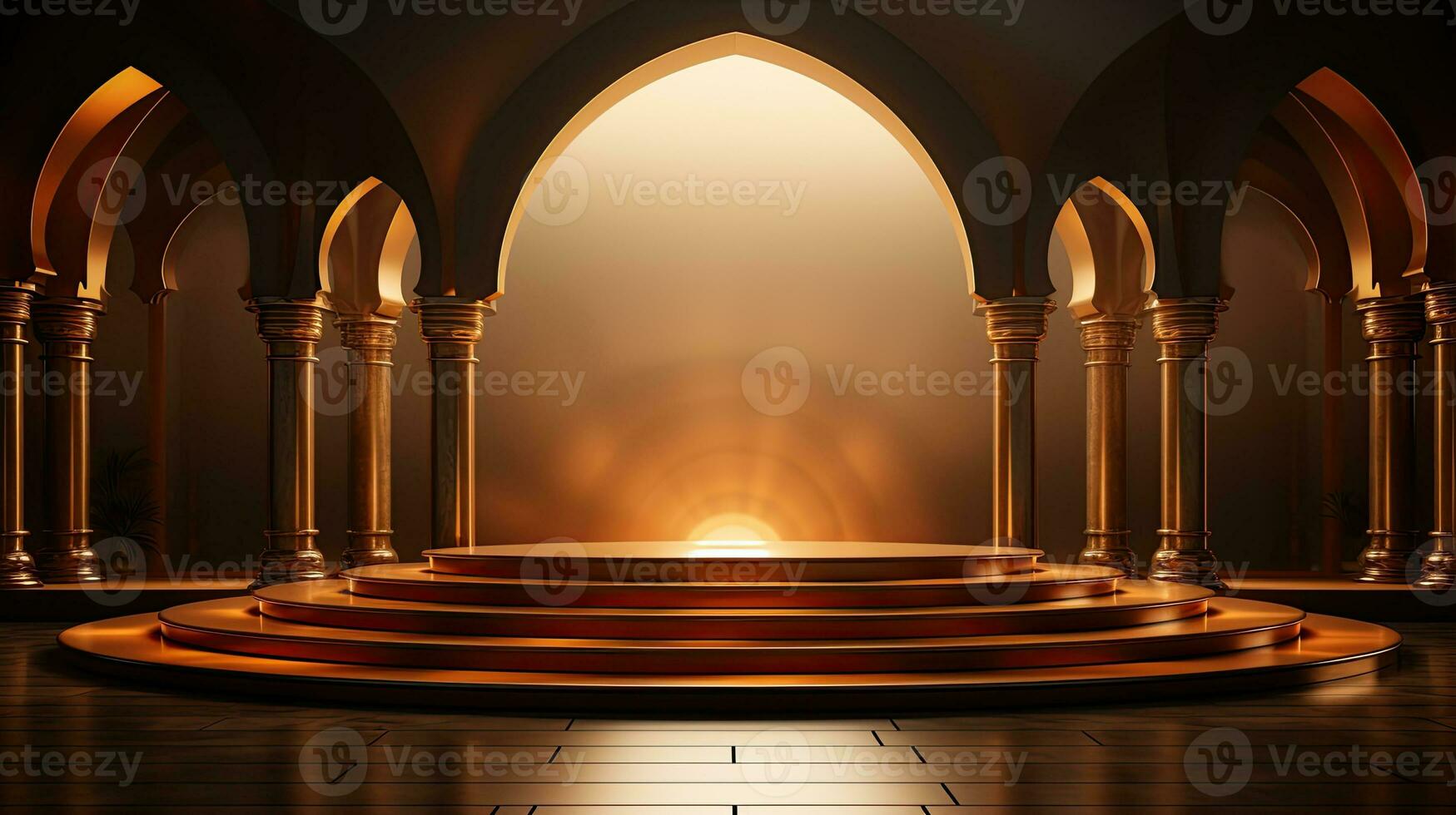 Podium Hintergrund im Ramadan Urlaub Minimalismus Stil . orientalisch Arabisch Design mit Schatten von Beige Farben. ai generativ foto