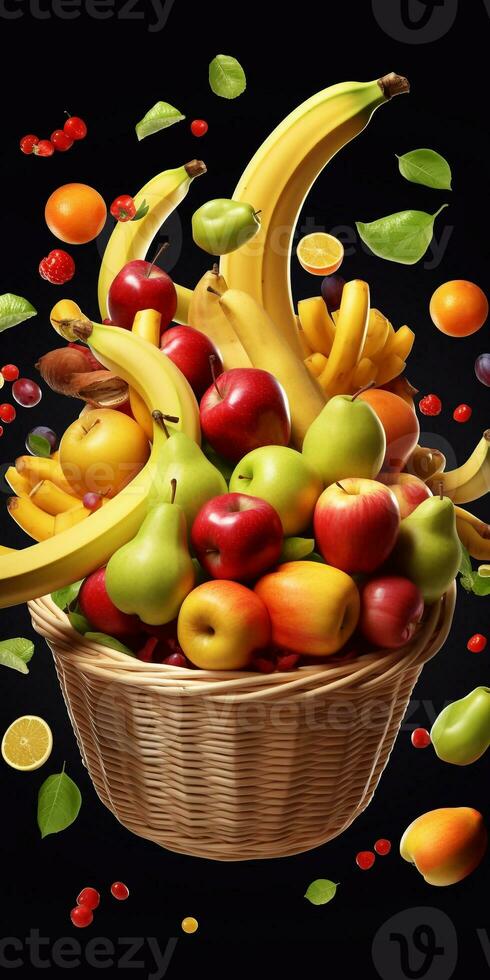 ein Bild von frisch Früchte im Korb isoliert auf Weiß Hintergrund, mischen frisch Früchte mögen Apfel, Banane, Trauben und Birne im Korb generativ ai foto