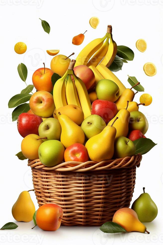 ein Foto von frisch Früchte im Korb isoliert auf Weiß Hintergrund, mischen frisch Früchte mögen Apfel, Banane, Trauben und Birne im Korb generativ ai