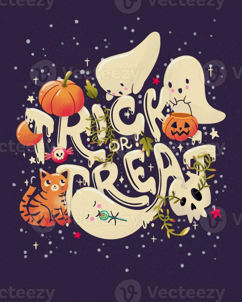 glücklich Halloween Illustration mit Hand Beschriftung Botschaft und süß Geister, Katze, Schädel und Kürbisse, dunkel. Trick oder behandeln. foto