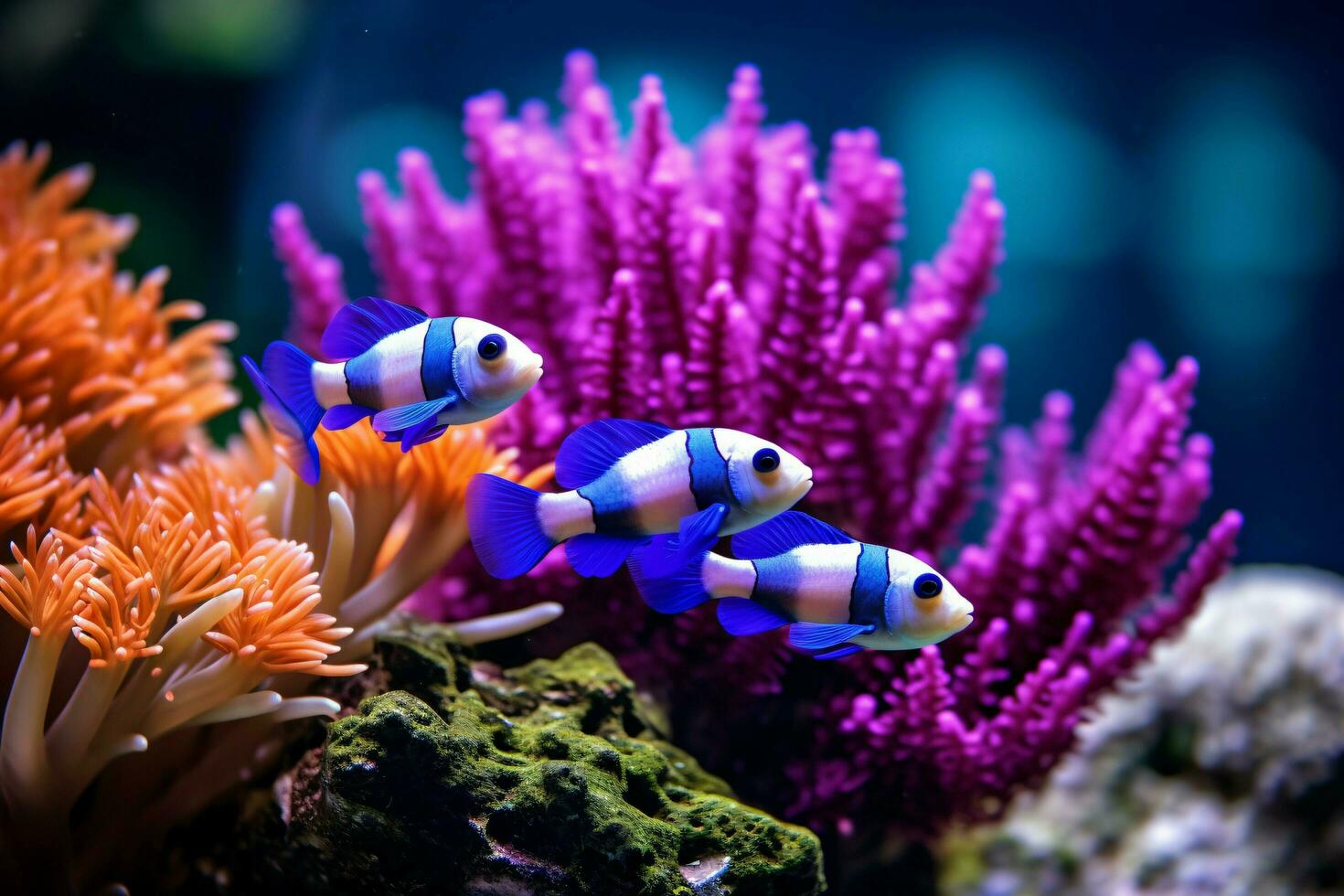 Clownfisch und Blau Malawi Buntbarsche Schwimmen in der Nähe von Koralle ai generiert foto