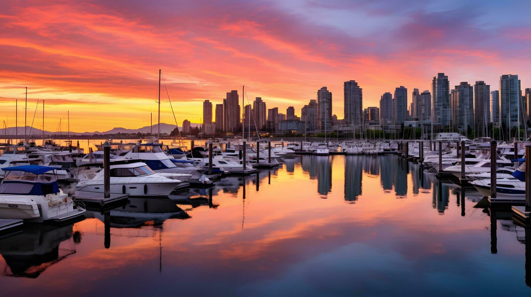 Foto Stadt Hafen beim Sonnenuntergang ai generieren