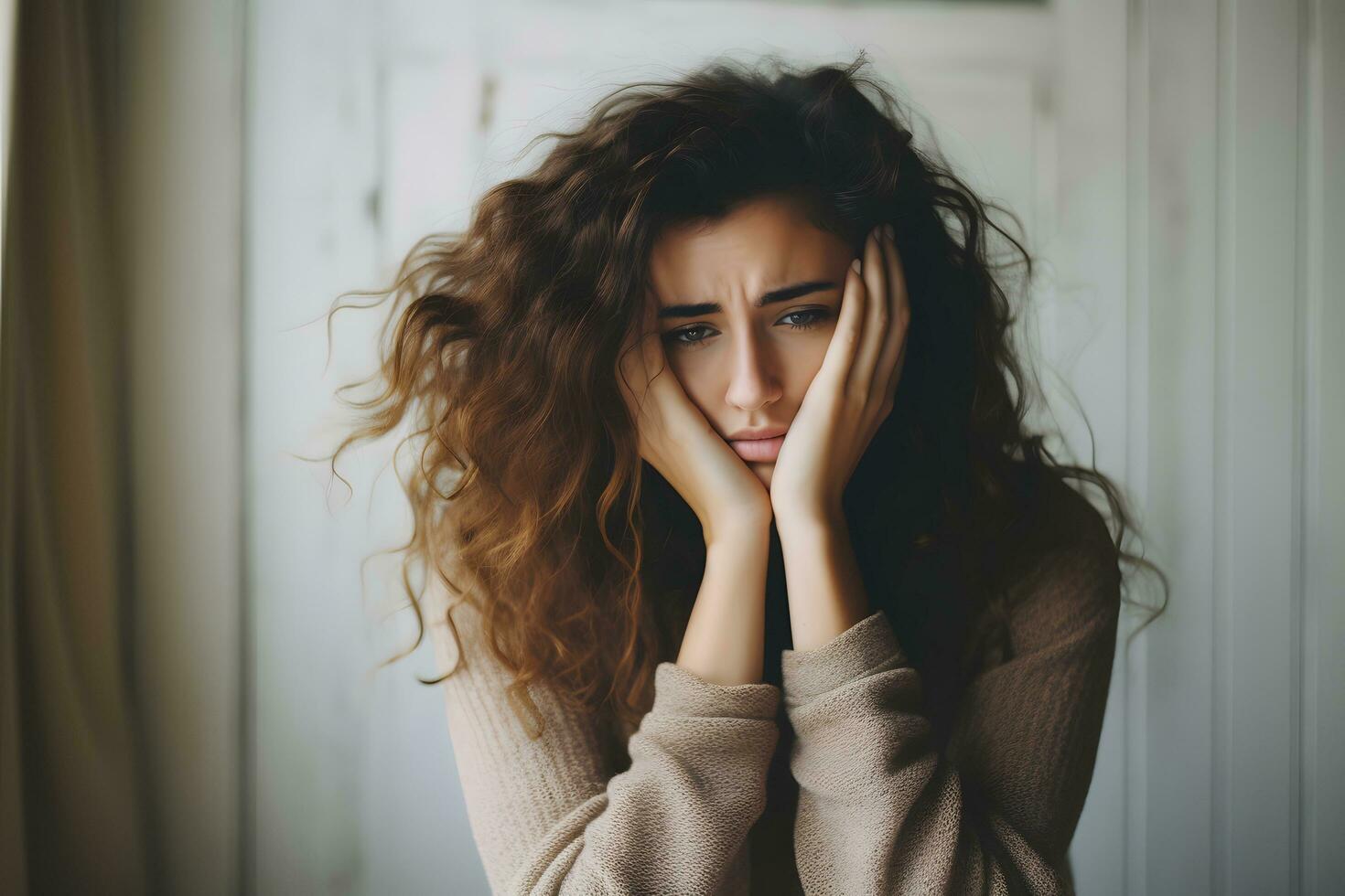 Foto jung Frau Umgang mit Angst ai generieren