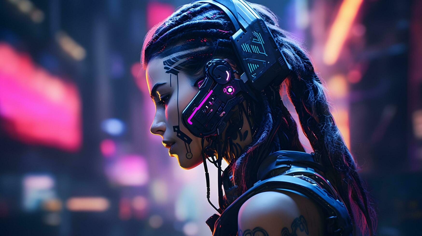 breit Aussicht Frau Cyberpunk ästhetisch ai generieren foto