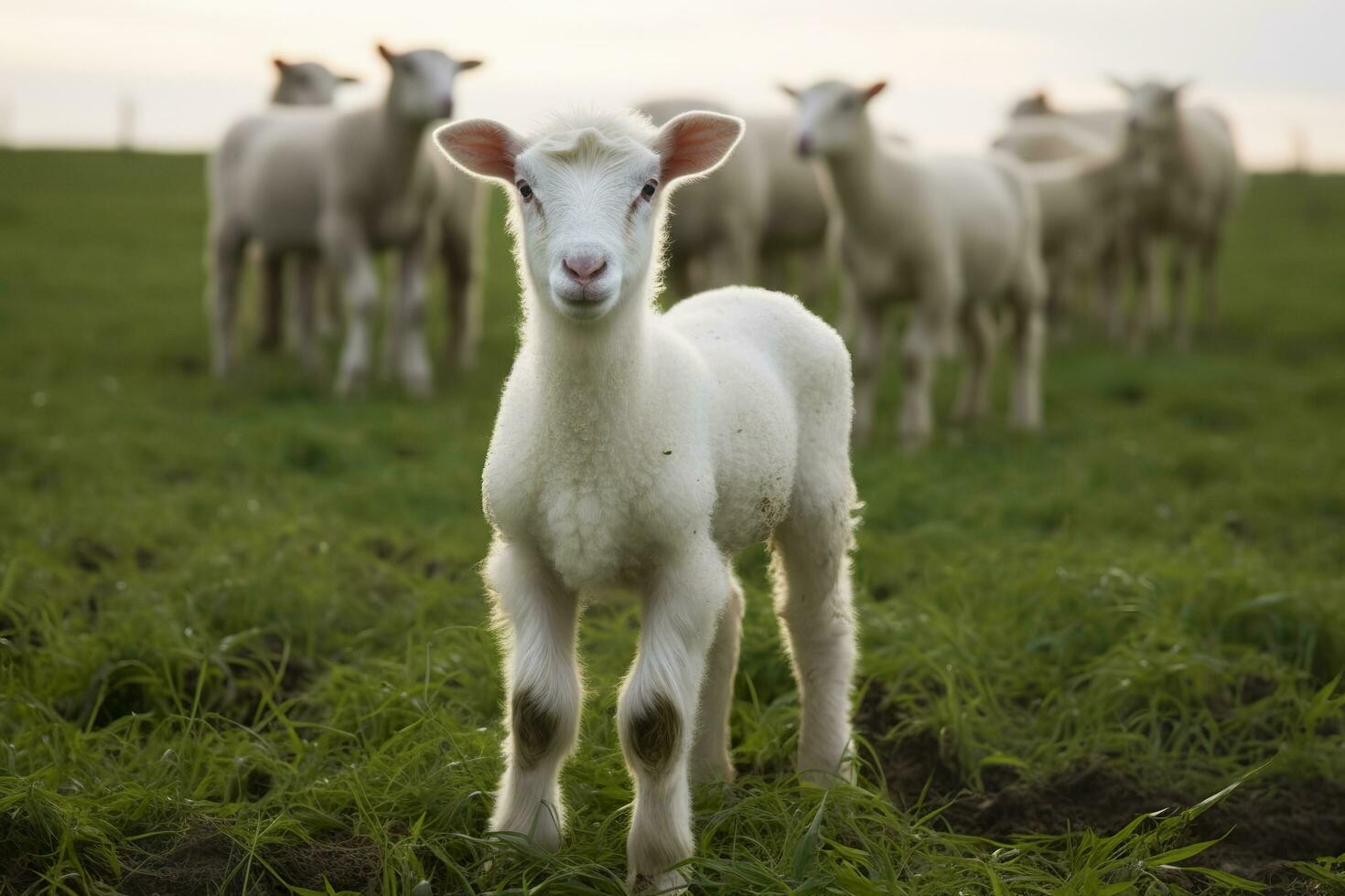 Weiß Lamm im ein Feld im Vorderseite von andere Tiere. generativ ai foto