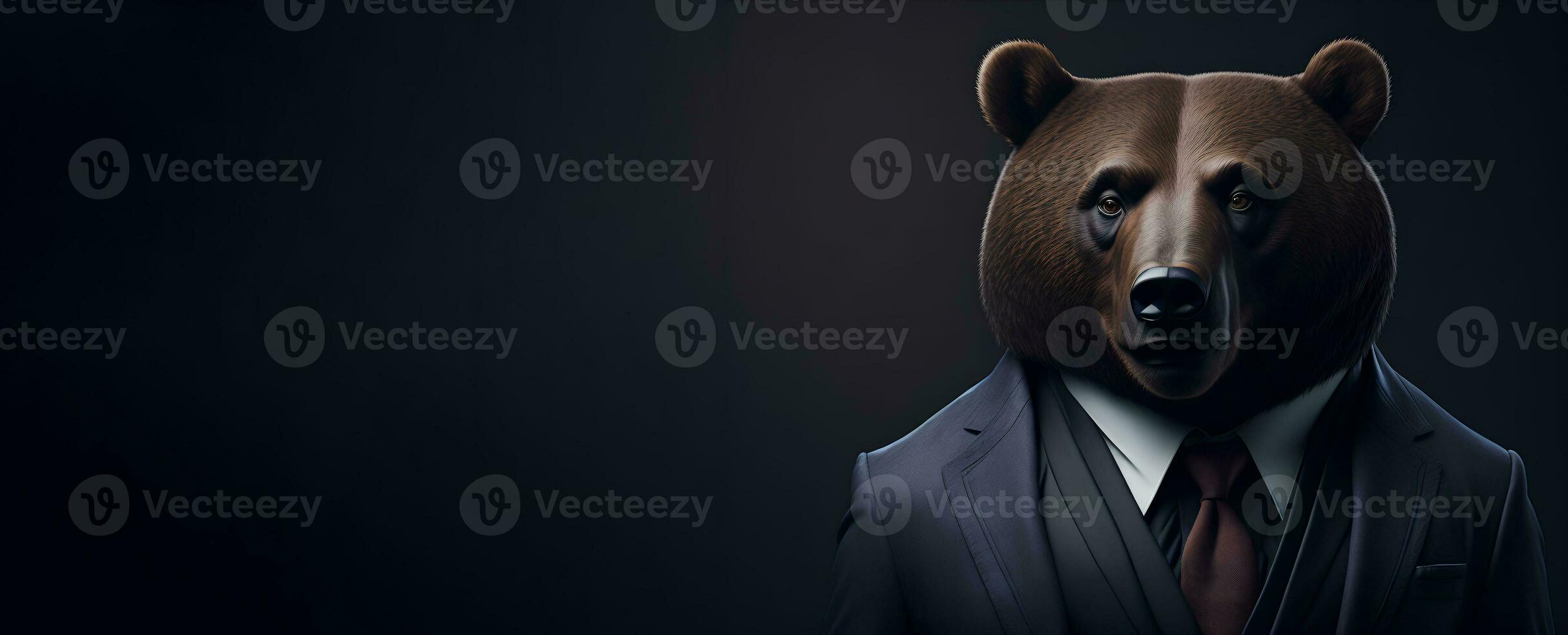 Porträt von Humanoid anthropomorph Bär tragen Geschäftsmann passen im schwarz Hintergrund zum Kopieren Raum Banner ai generativ foto