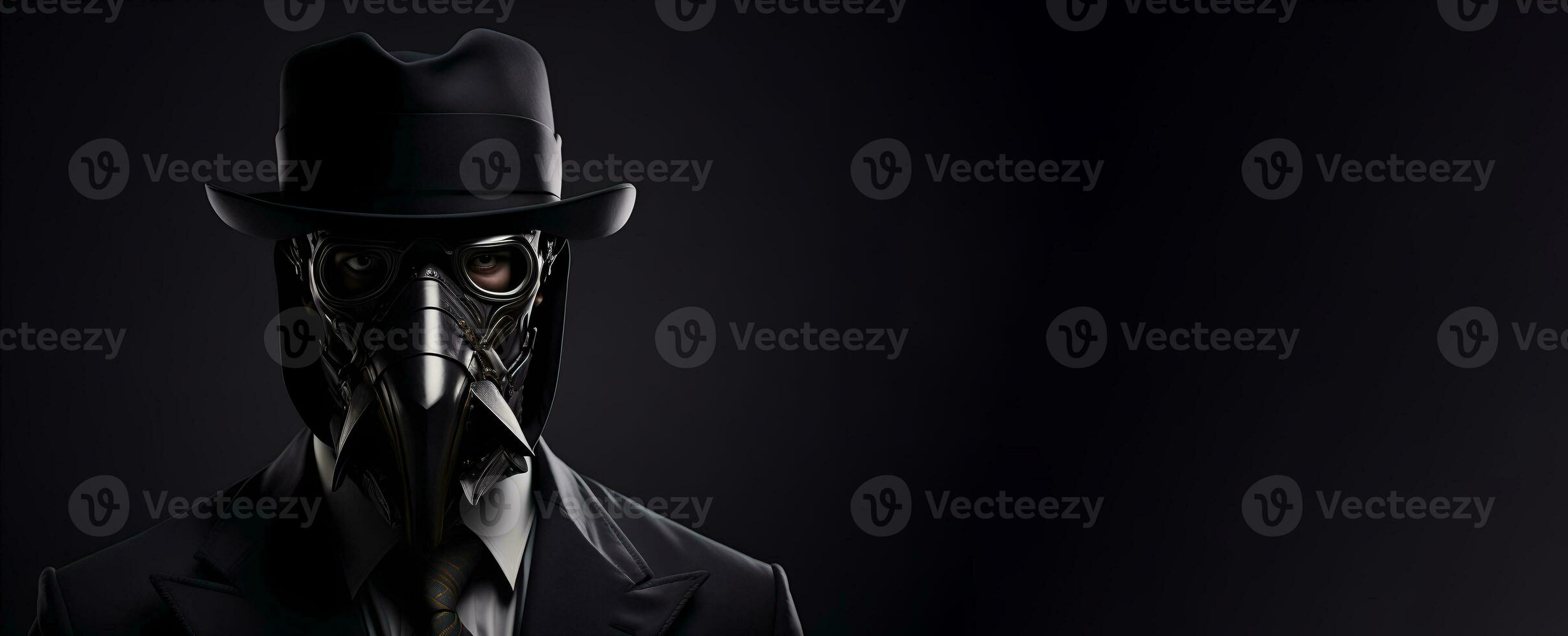 Porträt von ein Mann tragen modernisiert Arzt Pest Maske und Geschäftsmann passen im schwarz Hintergrund zum Kopieren Raum Banner ai generativ foto